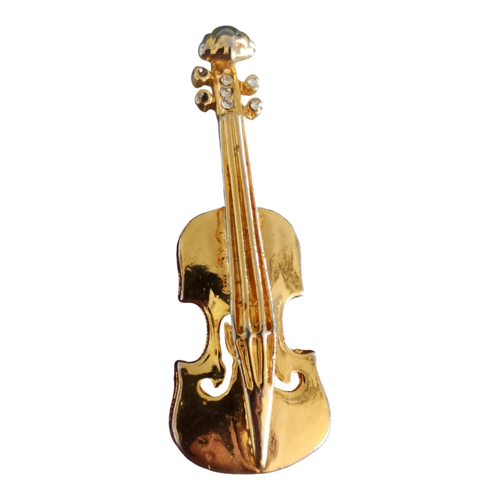 Broche violon dorée vintage, strass, bijou raffiné ancien, épingle costume