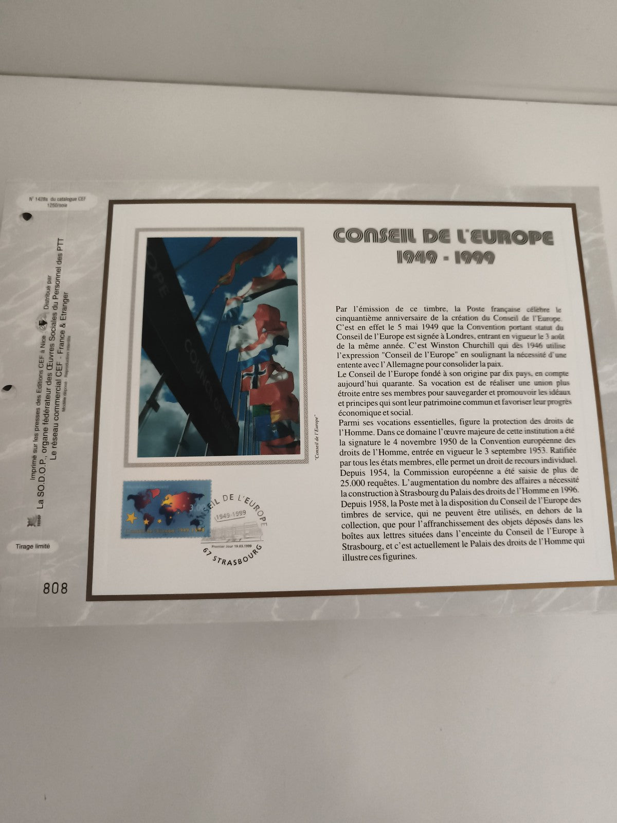 Feuillet CEF Conseil de l'Europe 1949-1999 philatélie oblitéré Strasbourg