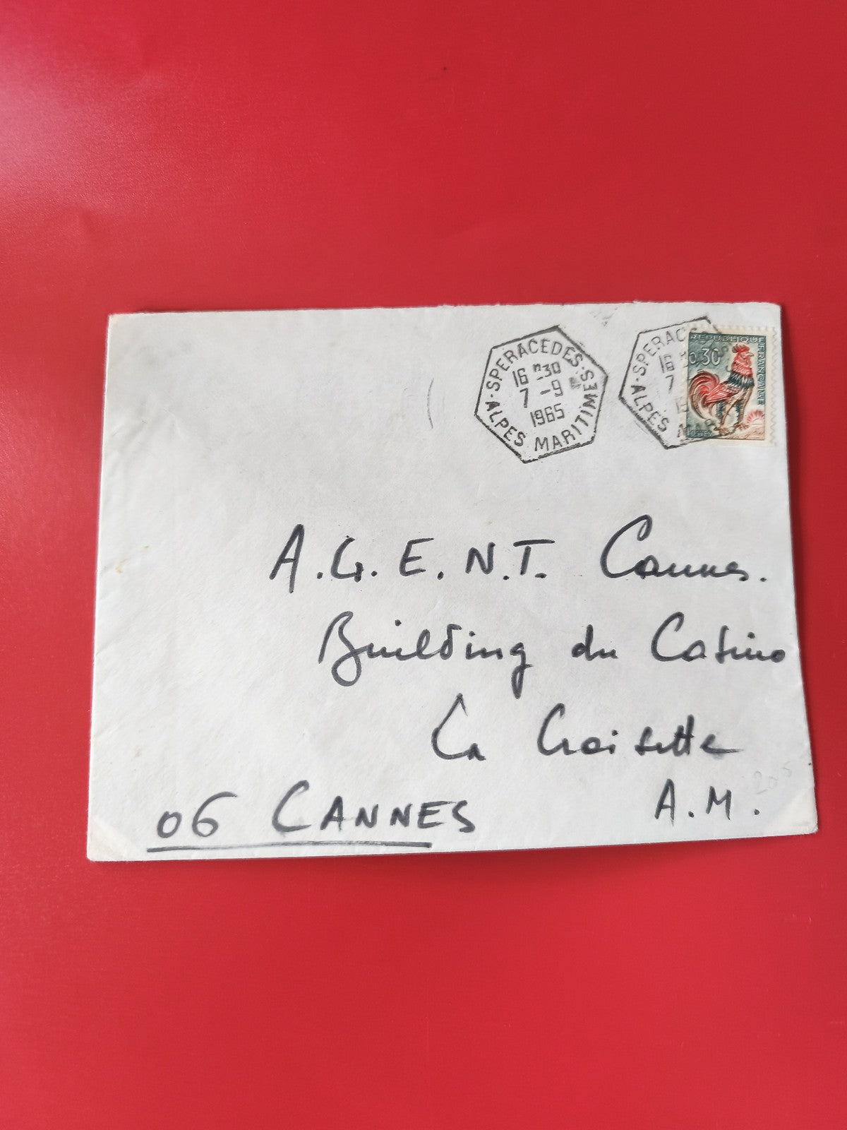 Enveloppe philatélie affranchie timbre coq, cachet Speracedes Cannes