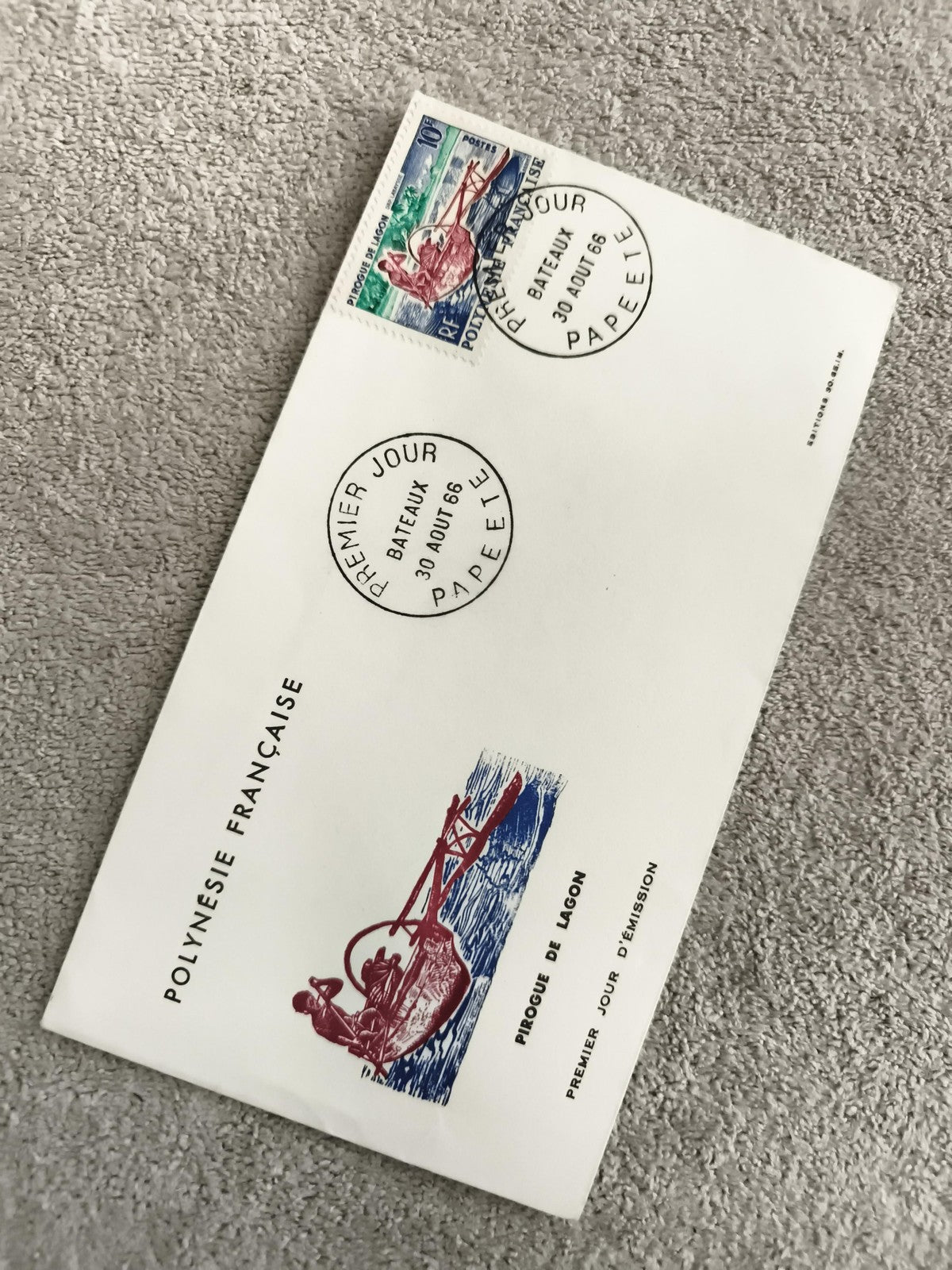 Lettre FDC Polynésie 1966 Pirogue de Lagon timbre 1er jour Papeete philatélie