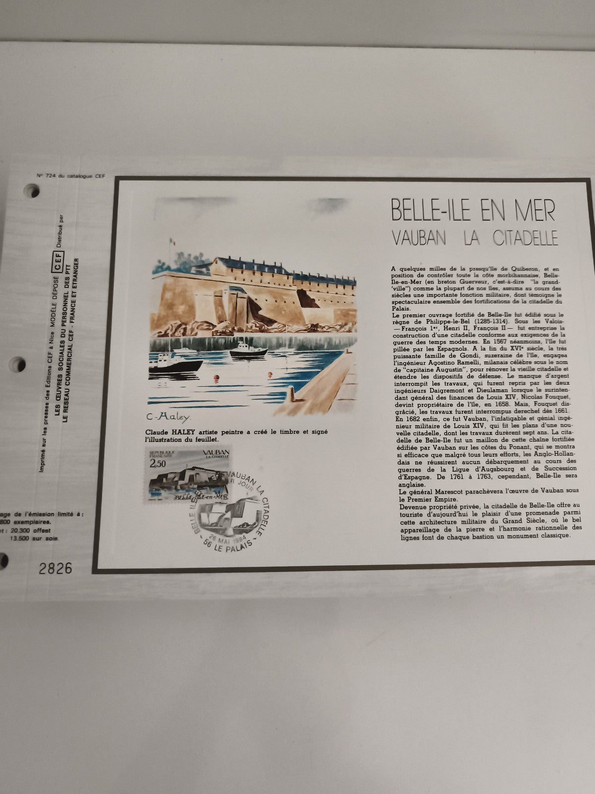 Feuillet CEF philatélie Belle-Île-en-Mer Vauban Citadelle illustré Haley