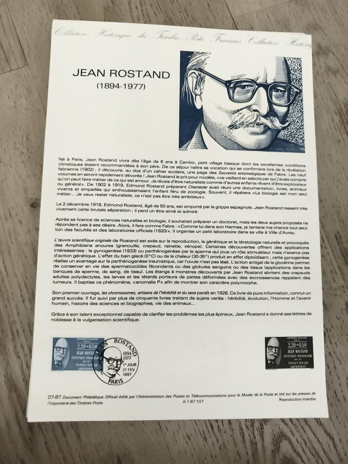 Carte philatélique Jean Rostand 1987 Timbre France, Collection Historique