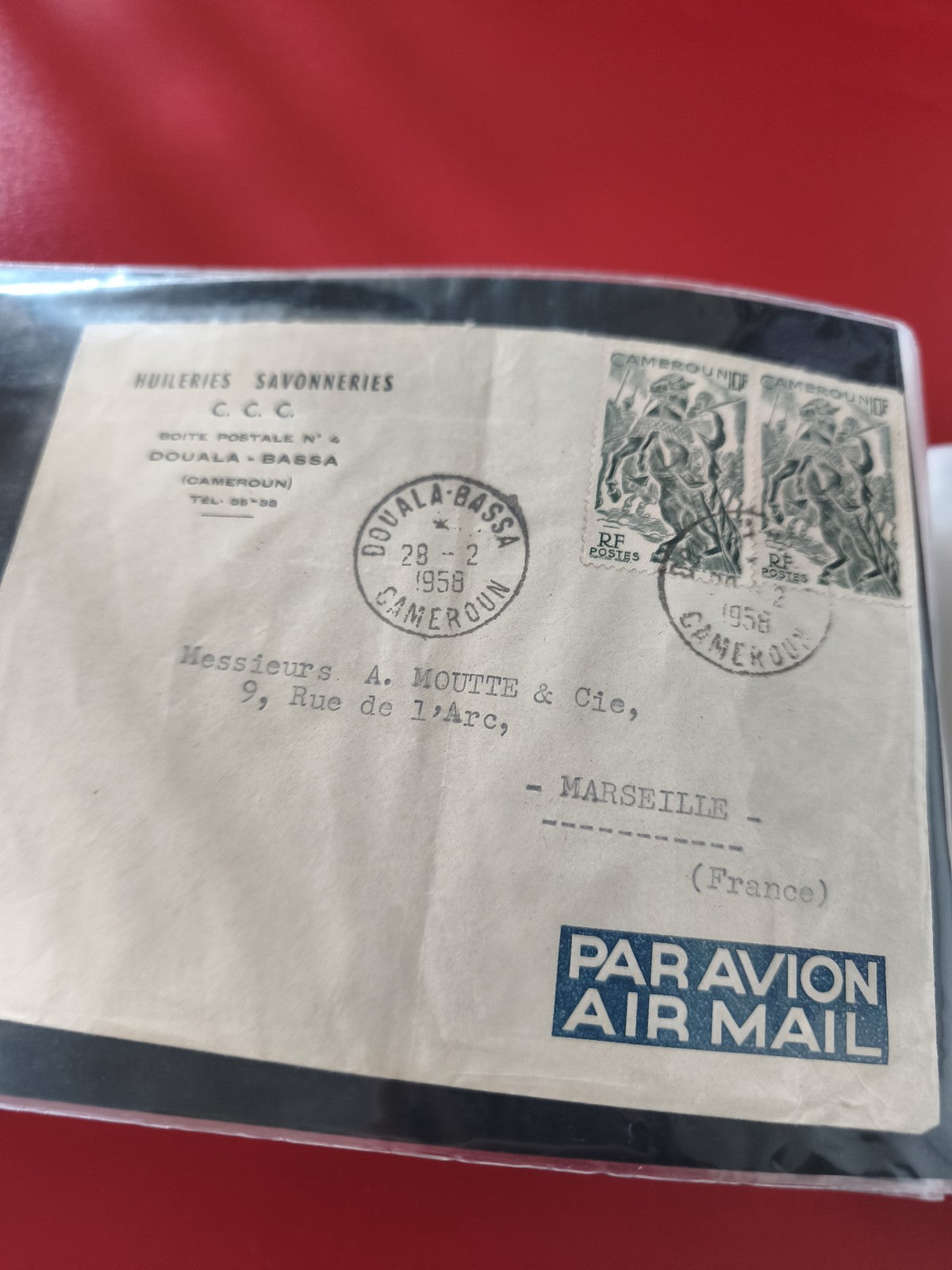 Ancienne enveloppe oblitérée Cameroun 1958, timbres RF, Par Avion, philatélie