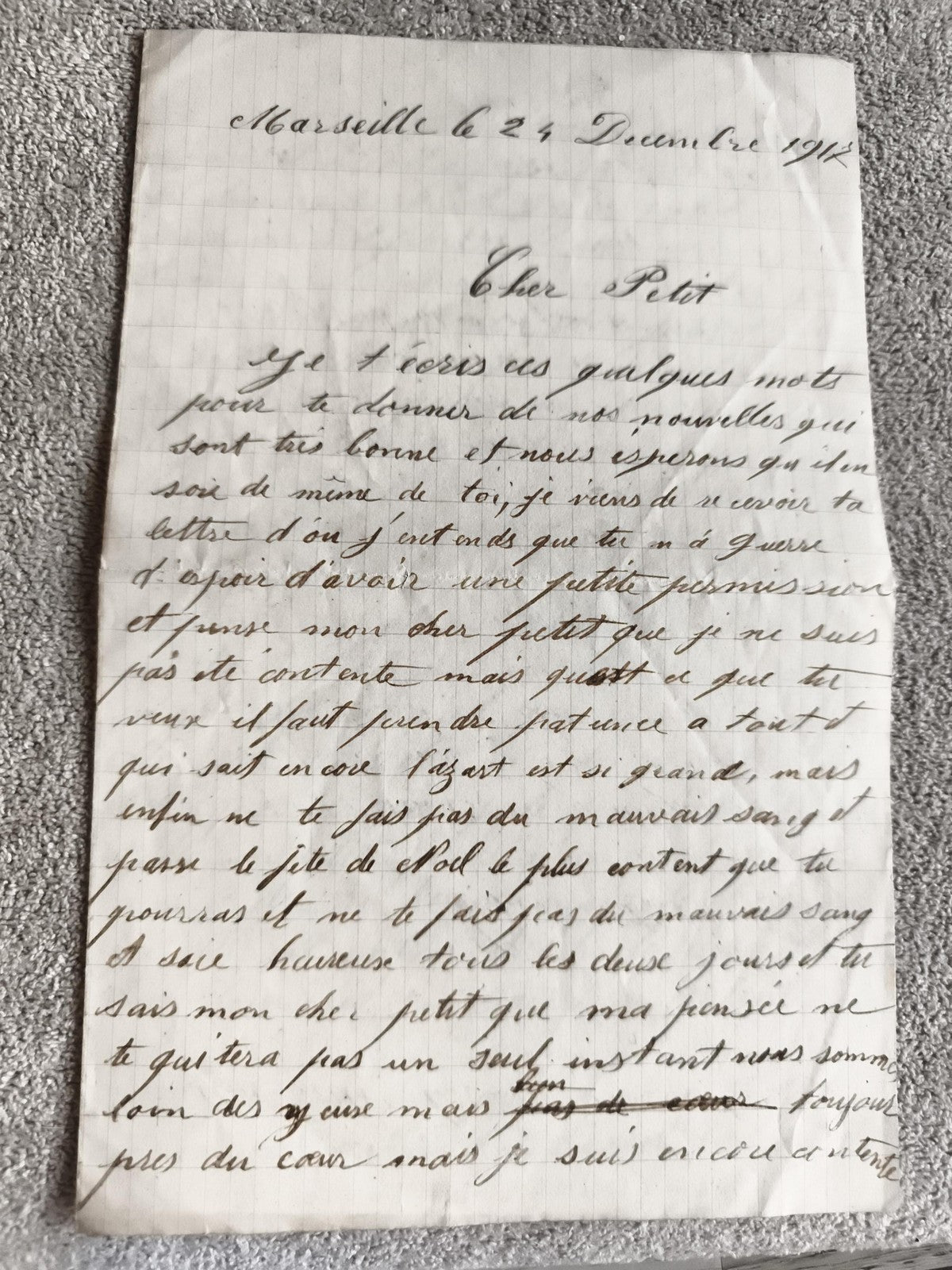 Lettre manuscrite ancienne 1914 Marseille Première Guerre WW1 papier quadrillé