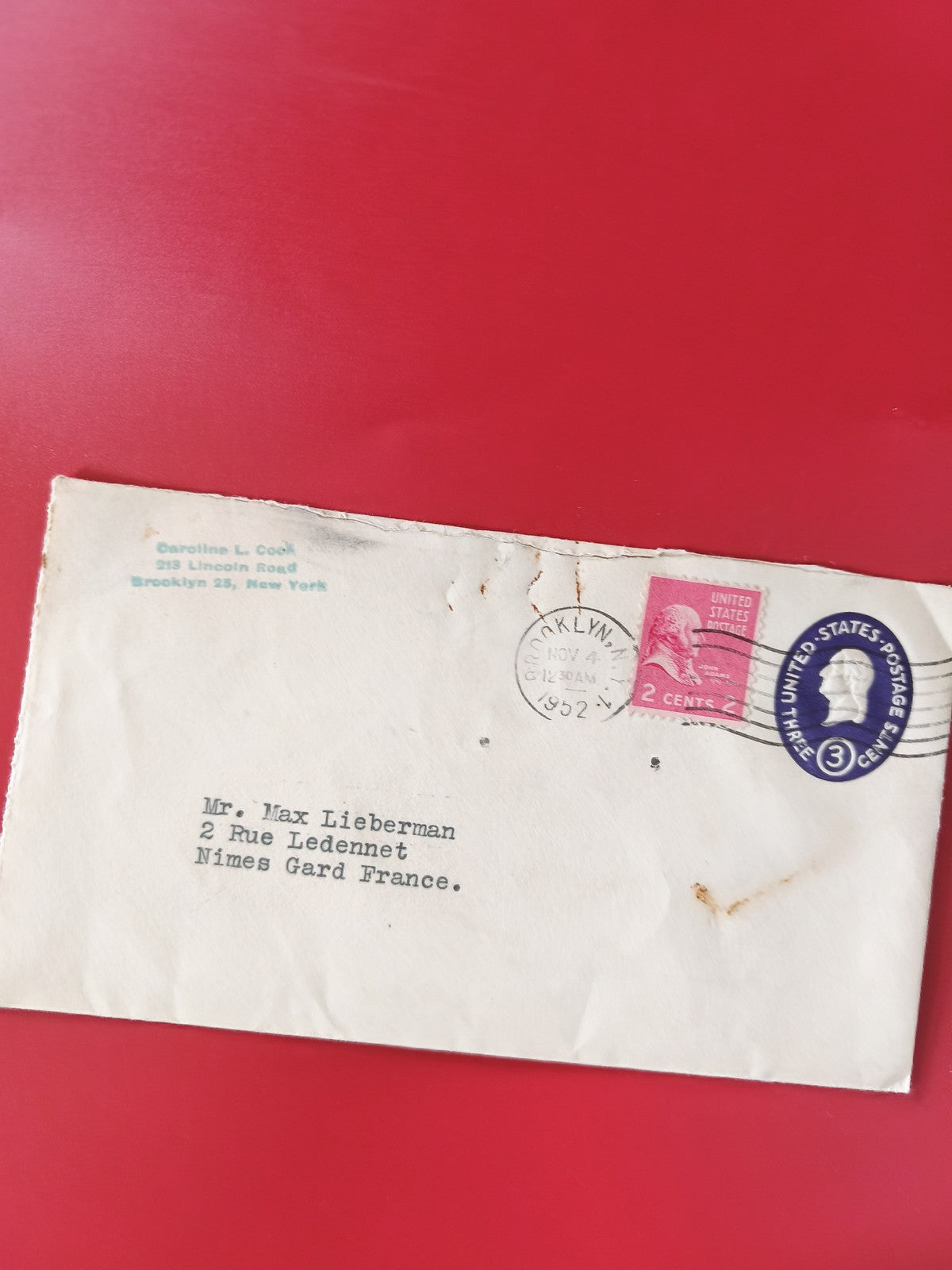 Enveloppe philatélie oblitérée USA vers France timbres 2c et 3c, adresse tapée
