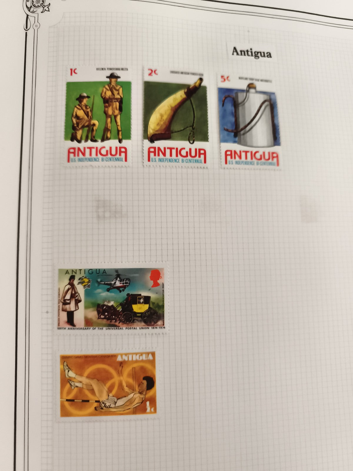 Timbres Antigua anciens, UPU 1974, Jeux Olympiques, US Independence, lot vintage