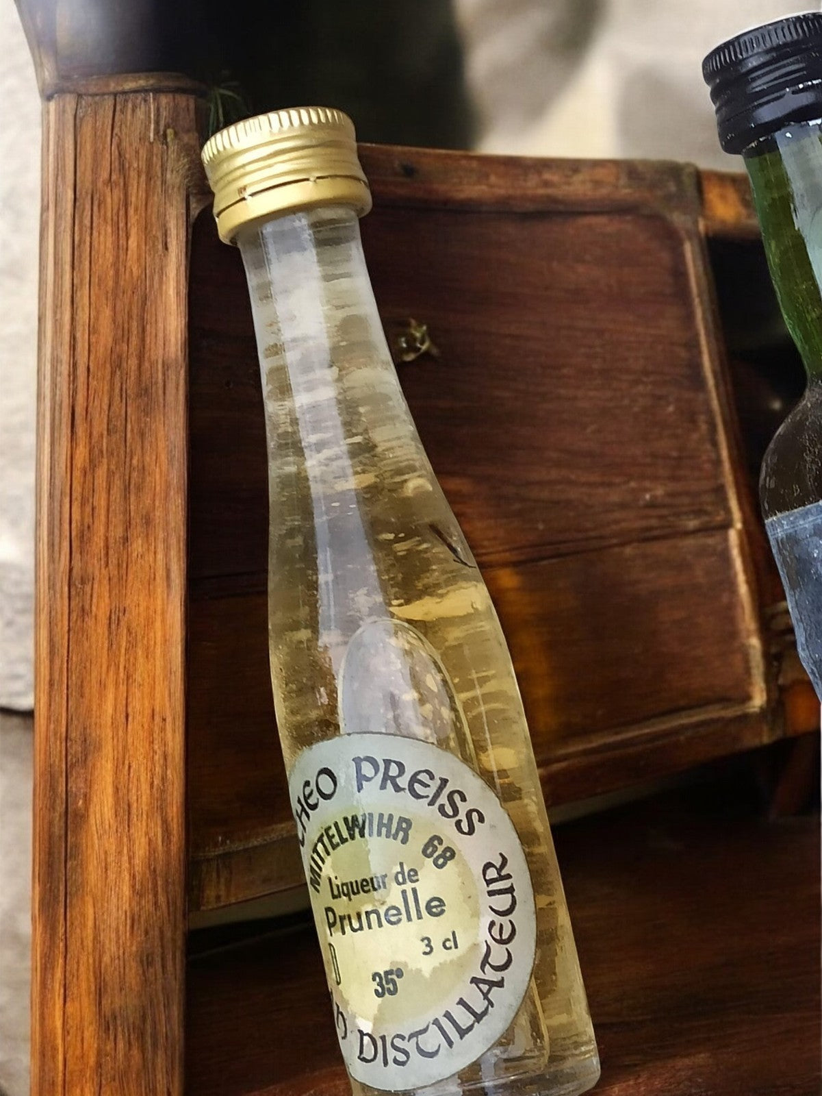 Mini bouteille alcool ancienne Theo Preiss prunelle 3cl vintage mignonette Franc