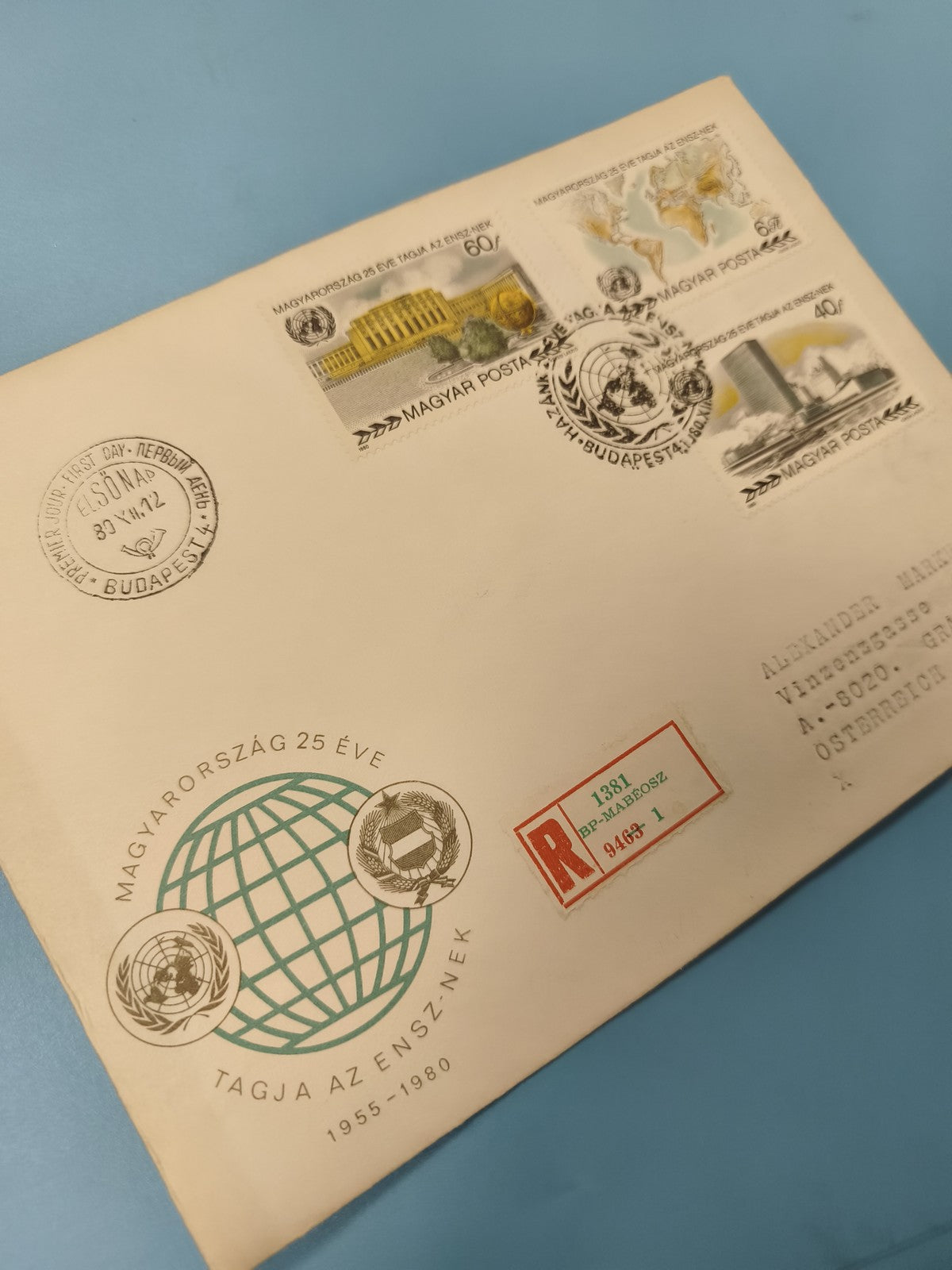 Enveloppe premier jour d?émission FDC Hongrie ONU 3 timbres Budapest
