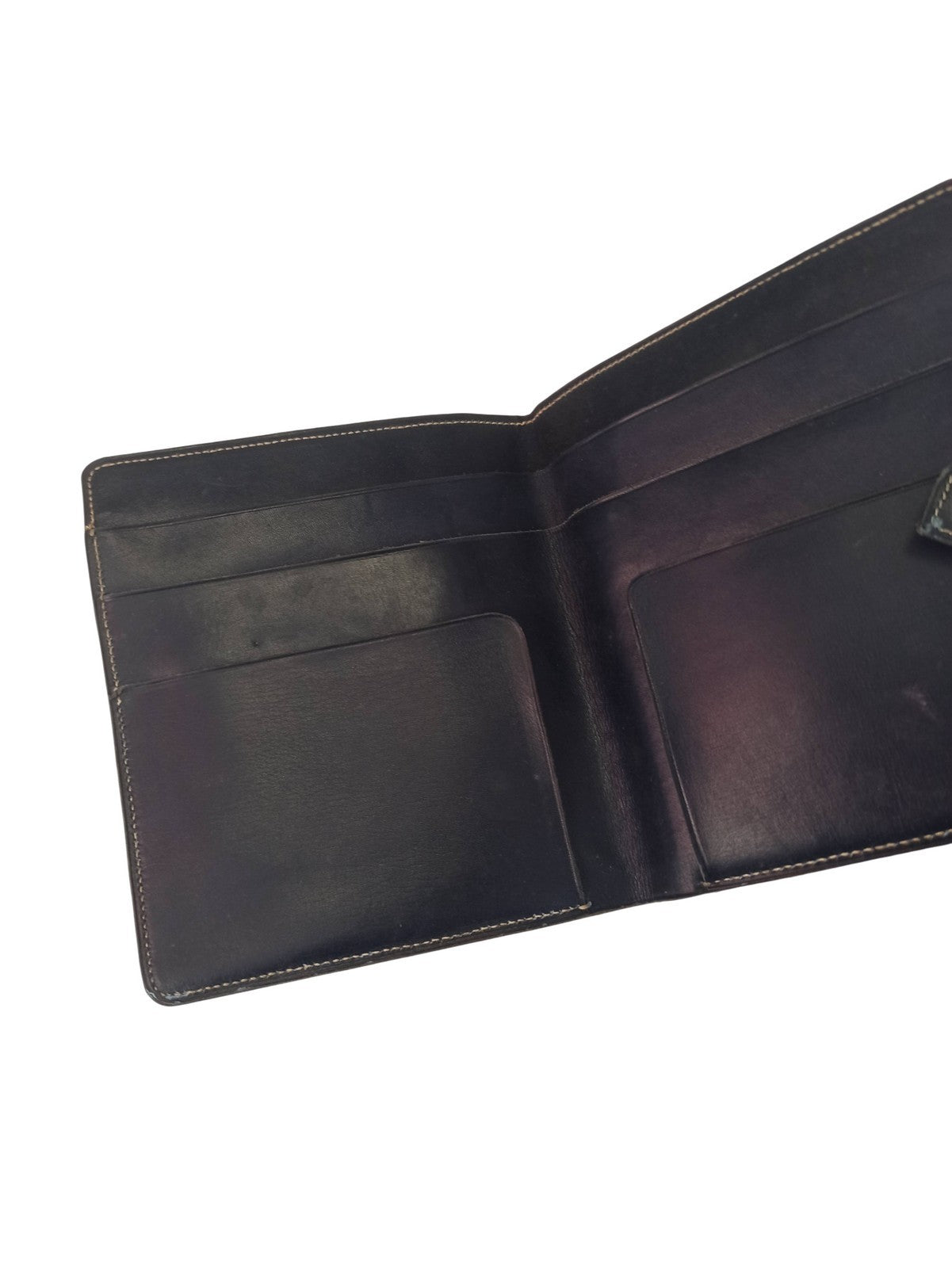 Portefeuille vintage cuir ancien, rabat rétro, aspect bleu nuit, accessoire anci
