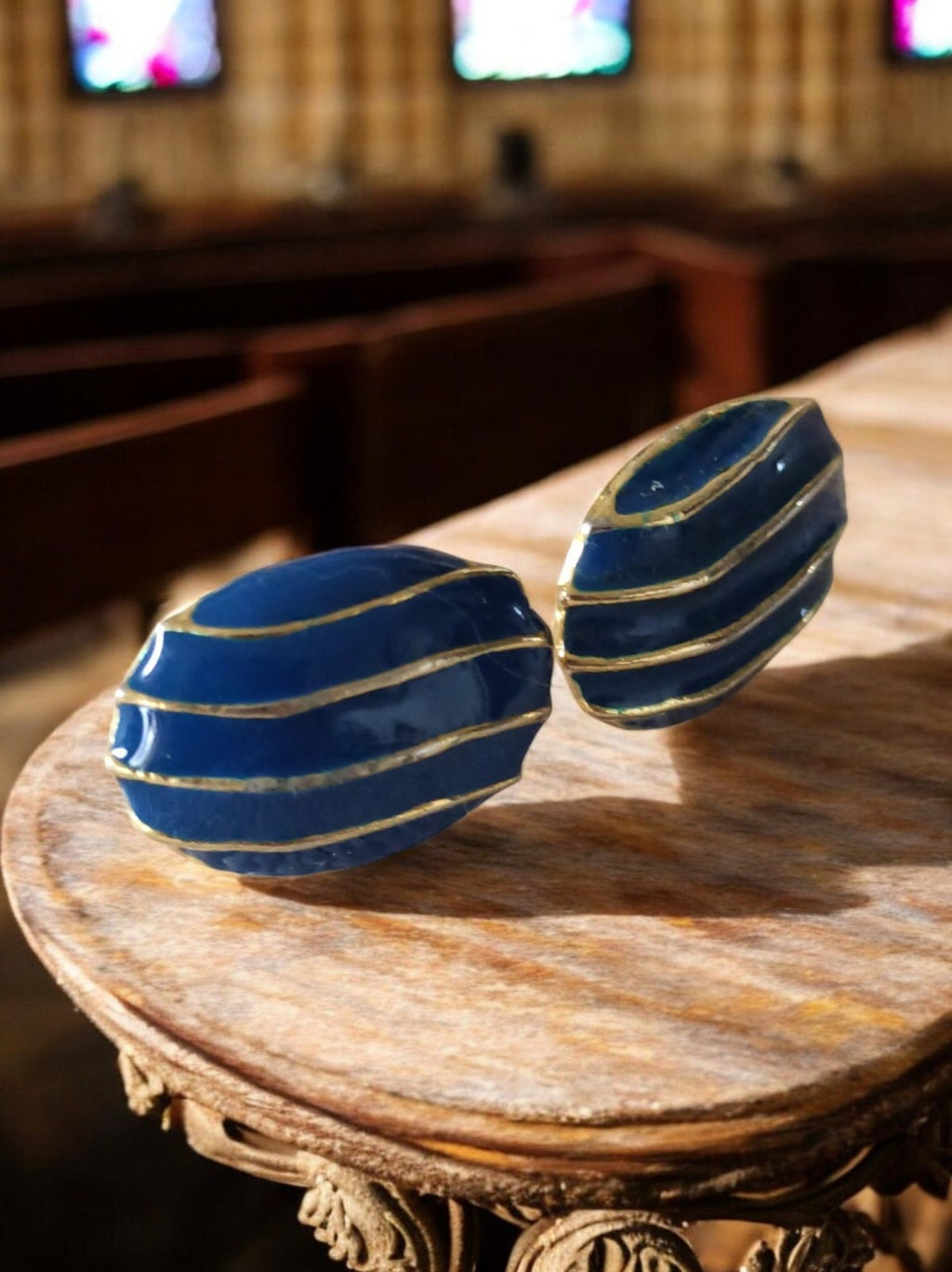 Boucles d’oreilles vintage années 70 bleu or, clips fantaisie rétro élégant