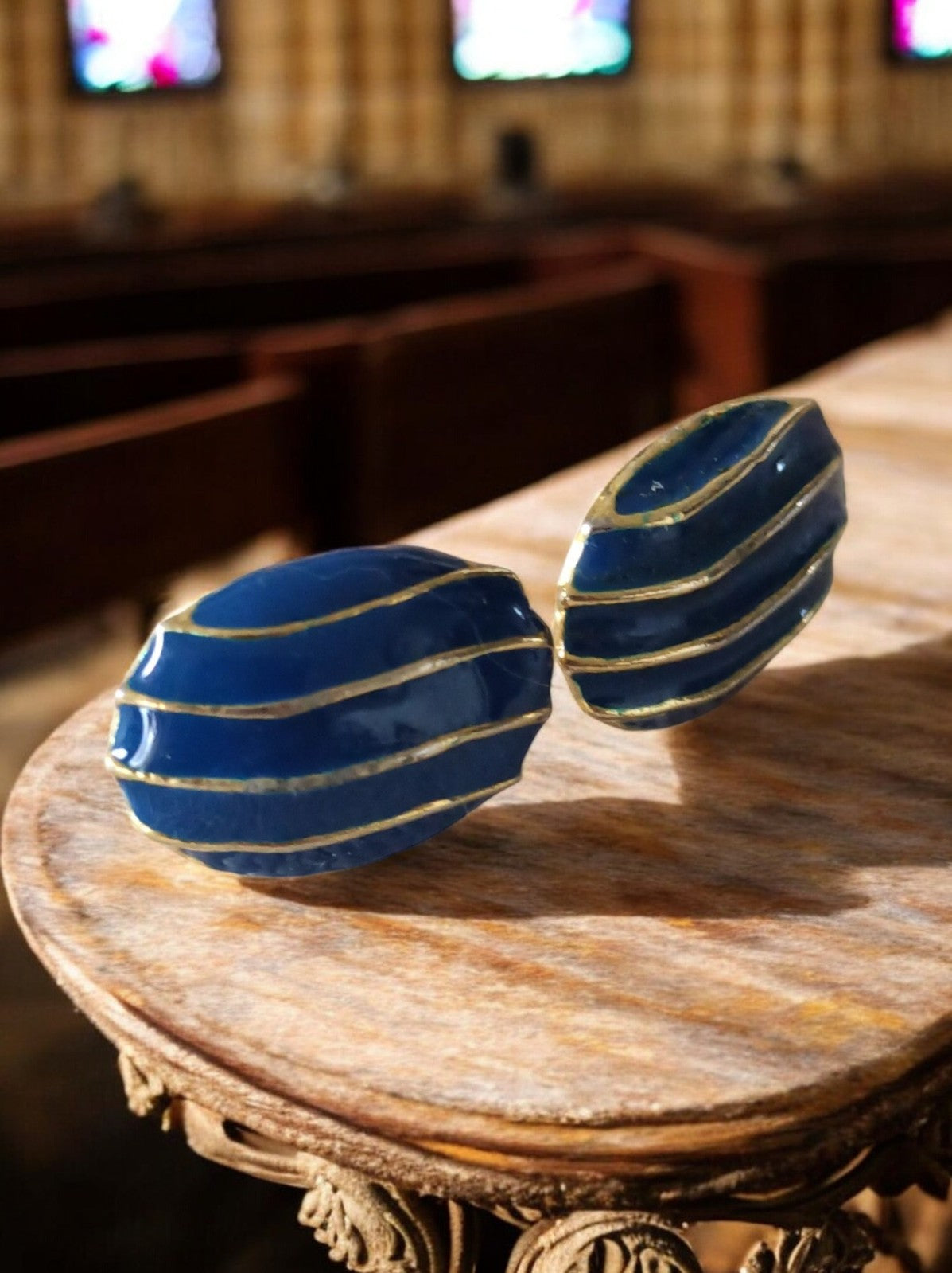 Boucles d’oreilles vintage années 70 bleu or, clips fantaisie rétro élégant