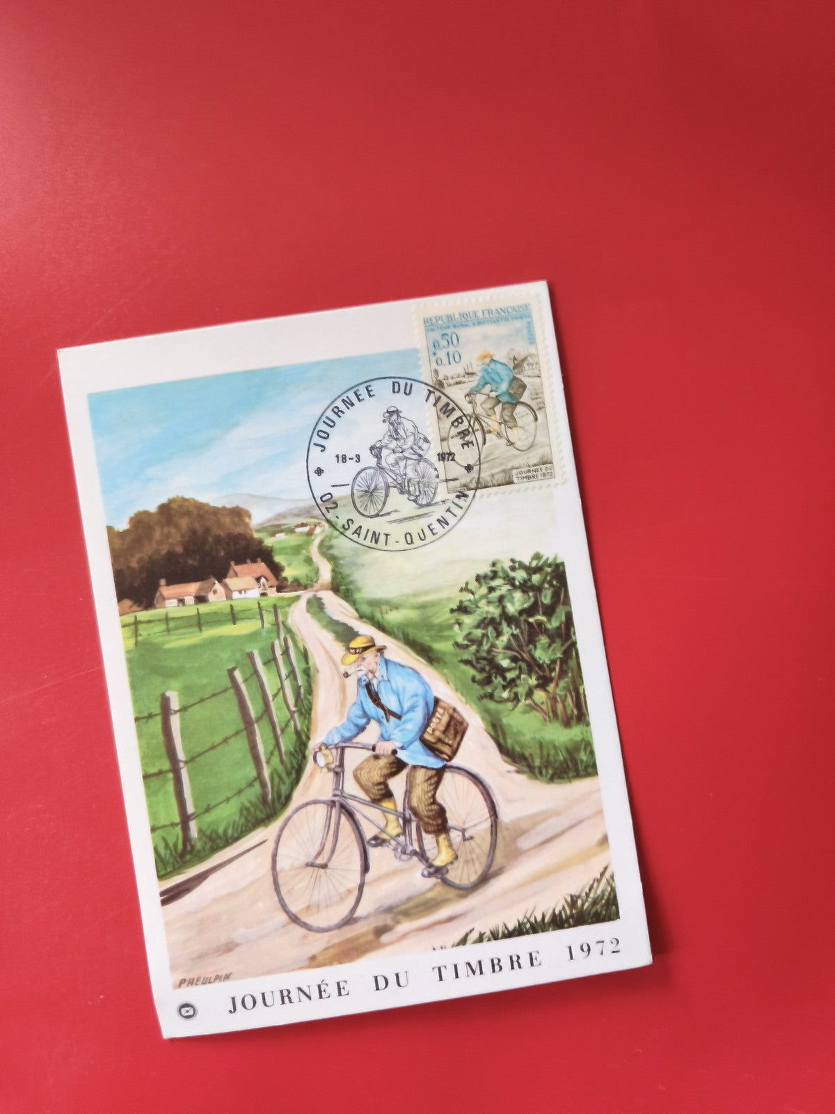 Carte postale philatélie Journée du Timbre 1972 facteur à vélo timbre oblitéré