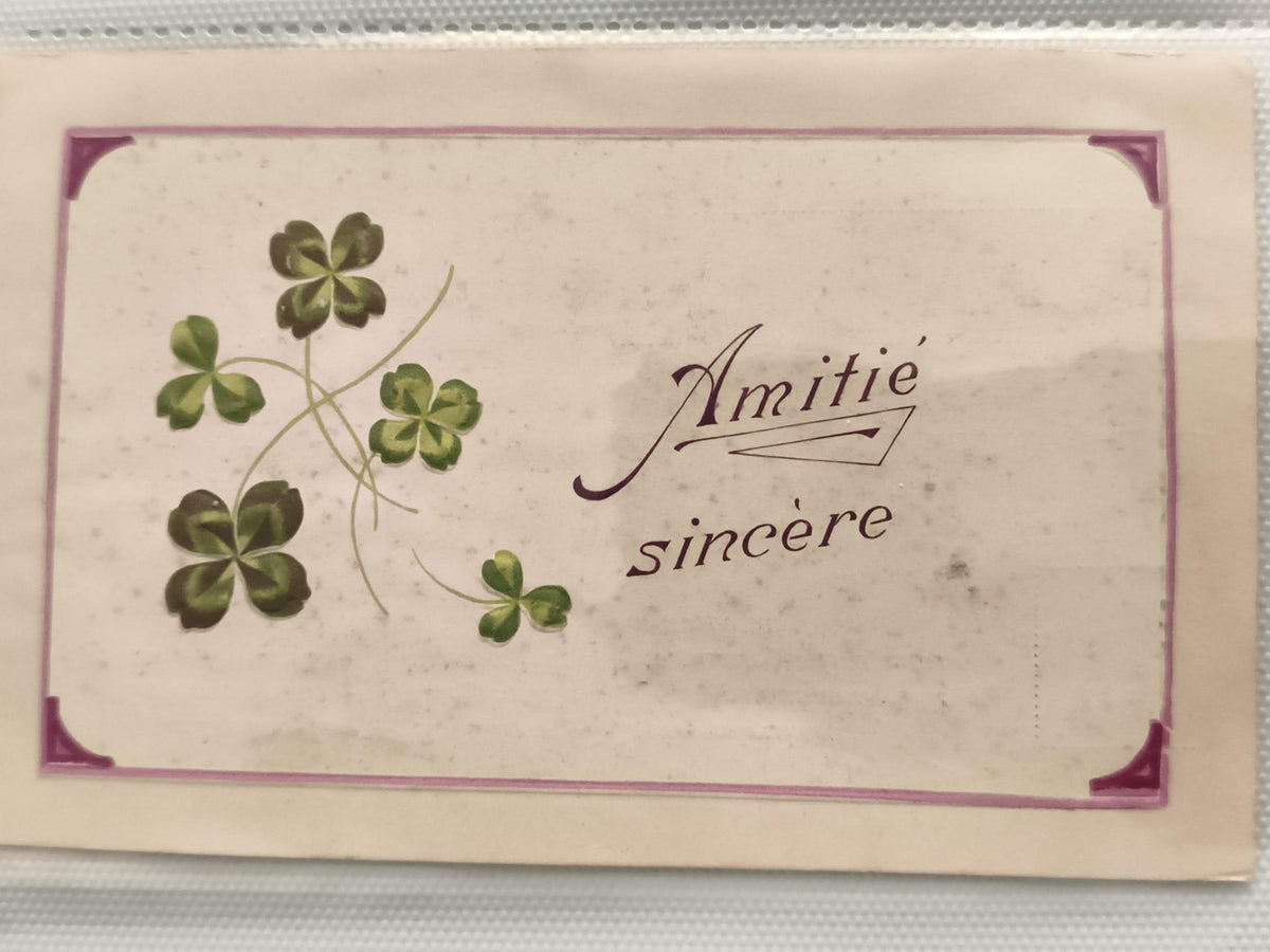Carte postale ancienne Amitié sincère trèfles quatre feuilles CPA vintage