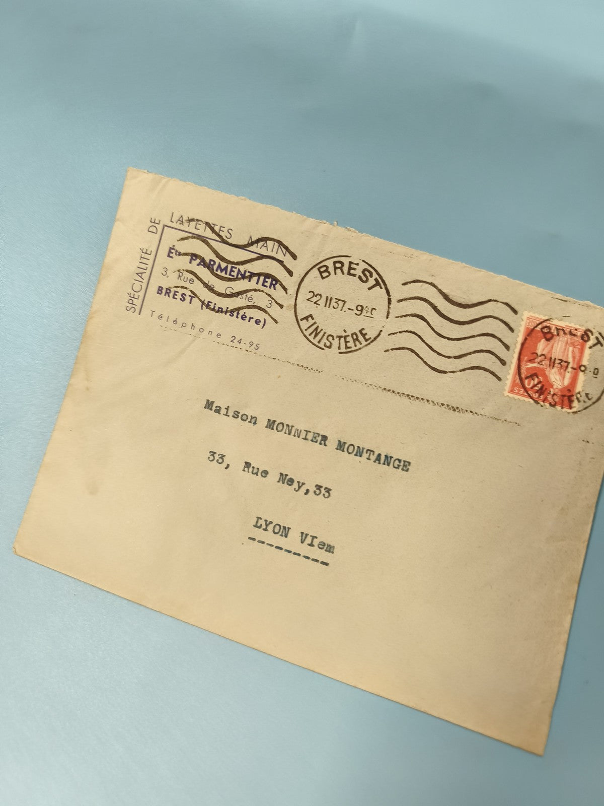 Ancienne enveloppe oblitérée Brest 1937 philatélie collection début XXe postal