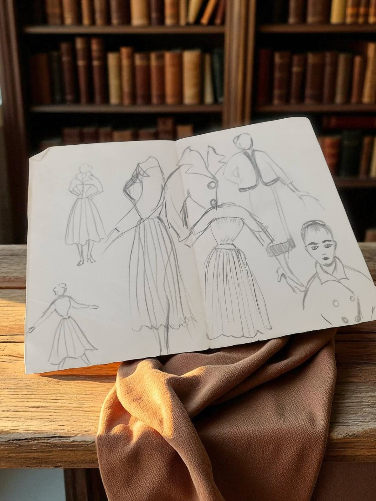 Dessin original mode années 1930 vintage, croquis vêtements rétro crayon
