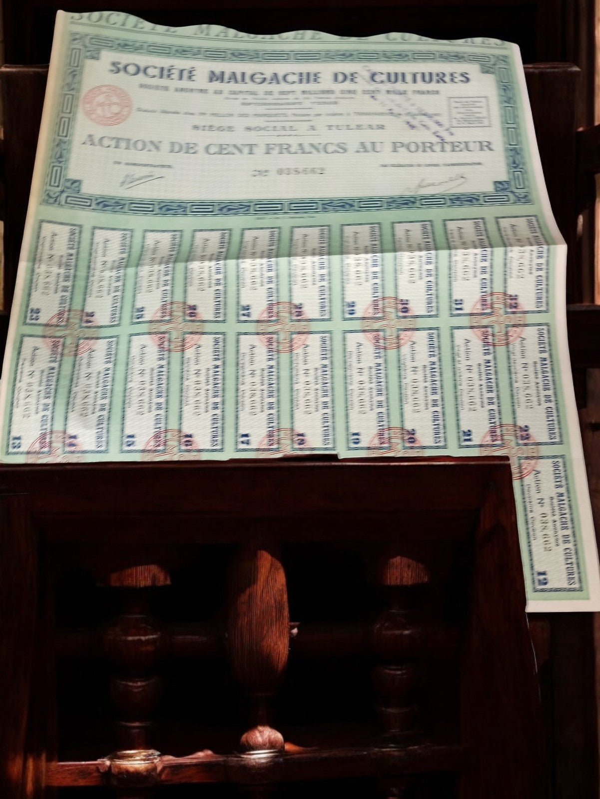 Action au porteur Société Malgache de Cultures ancien document financier 1920s