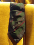 Cravate vintage en soie Van Linnen rayée motifs écussons vert et marron