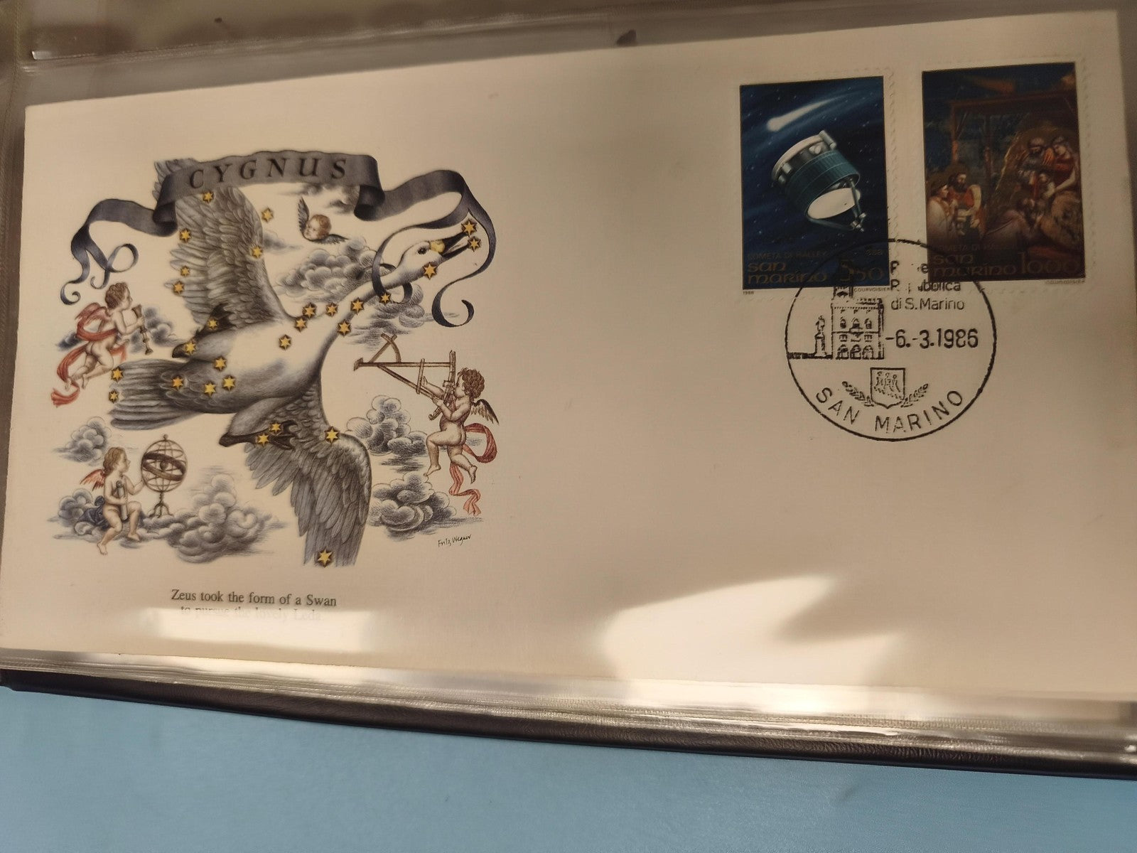 Enveloppe premier jour FDC Cygnus San Marino 1985 timbres et illustration signe