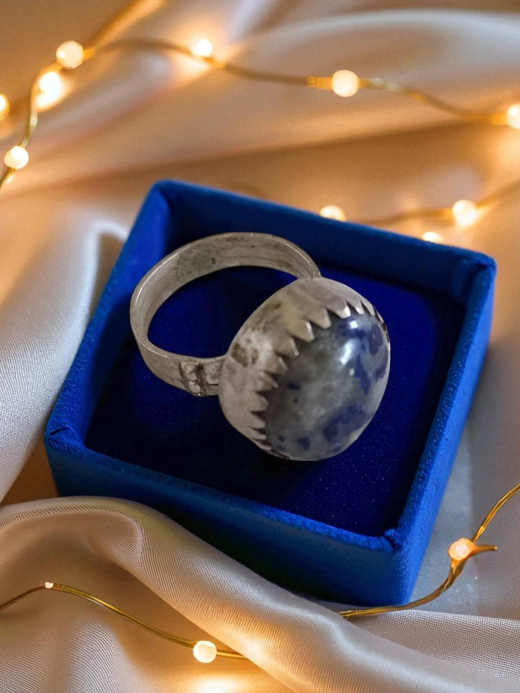 Bague vintage art déco fantaisie cabochon gris argenté taille 55