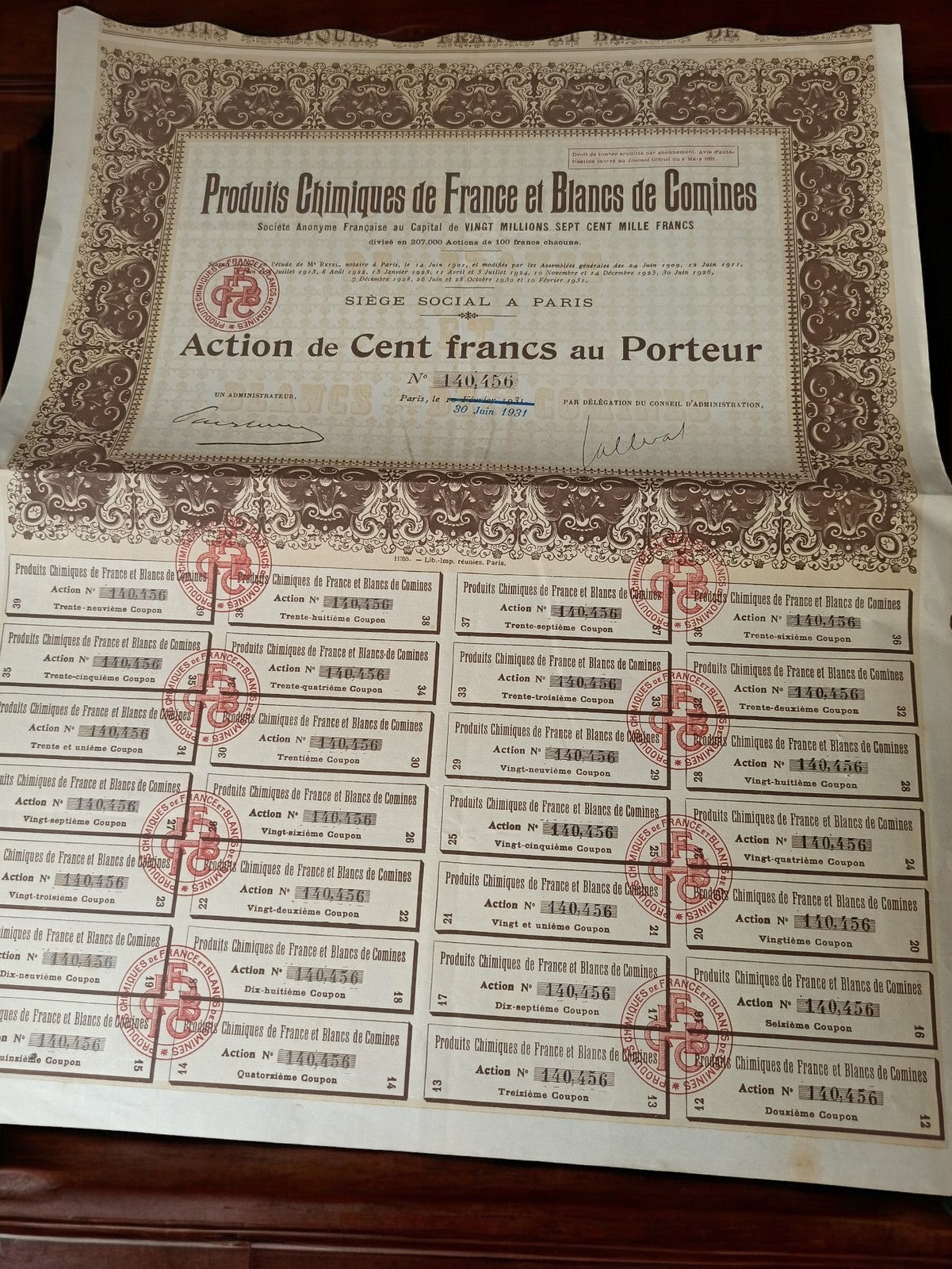 Action au porteur Produits Chimiques de France 1931 ancien certificat bourse déc