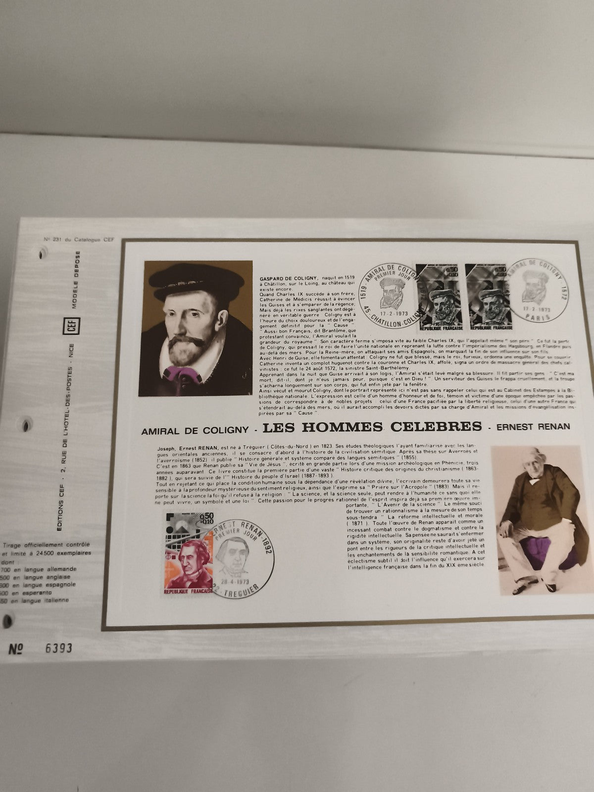 Feuillet philatélique CEF Les Hommes Célèbres Amiral de Coligny Renan