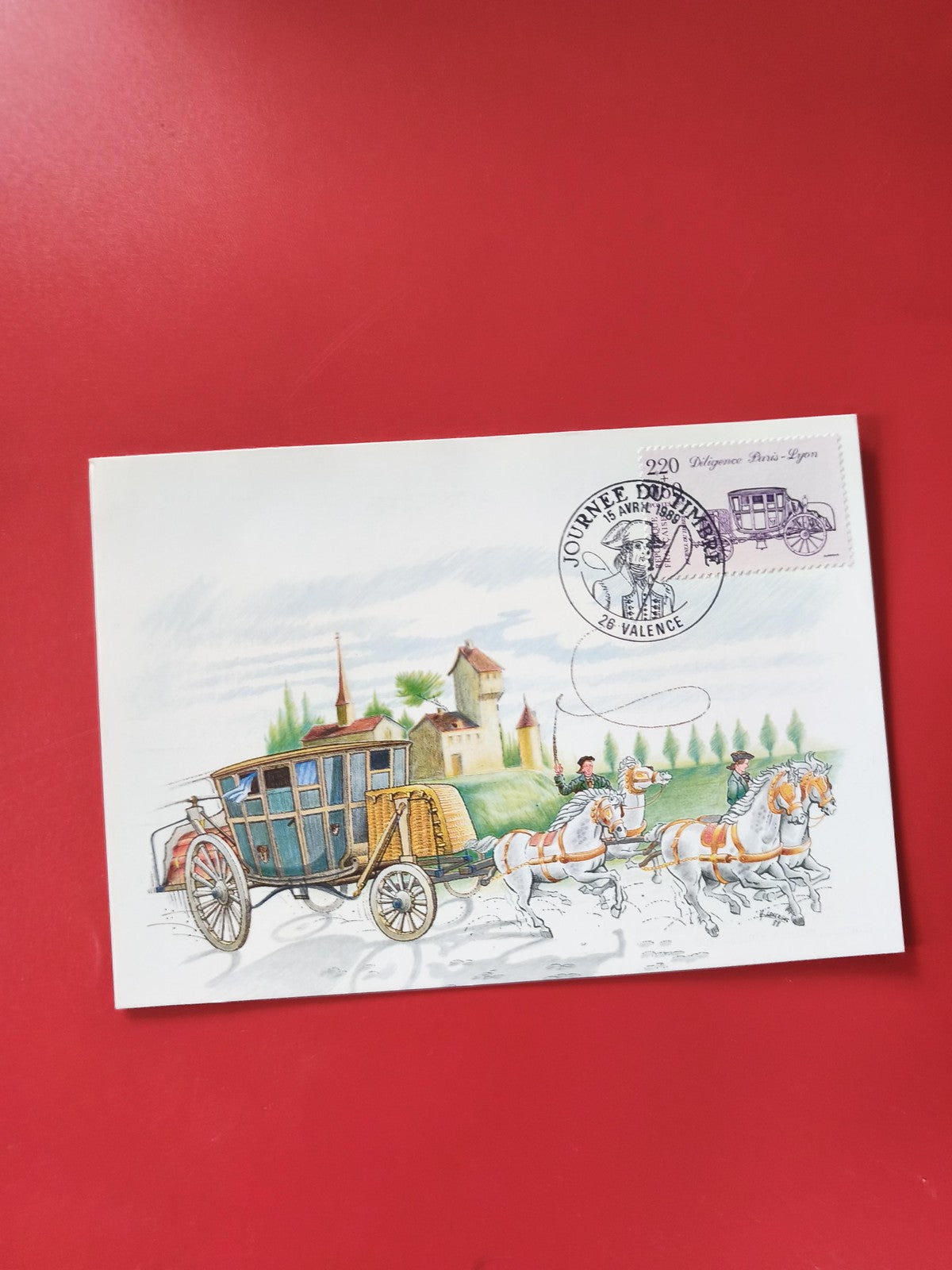 Carte postale philatélie diligence Paris-Lyon timbre 220 chevaux décor couleur