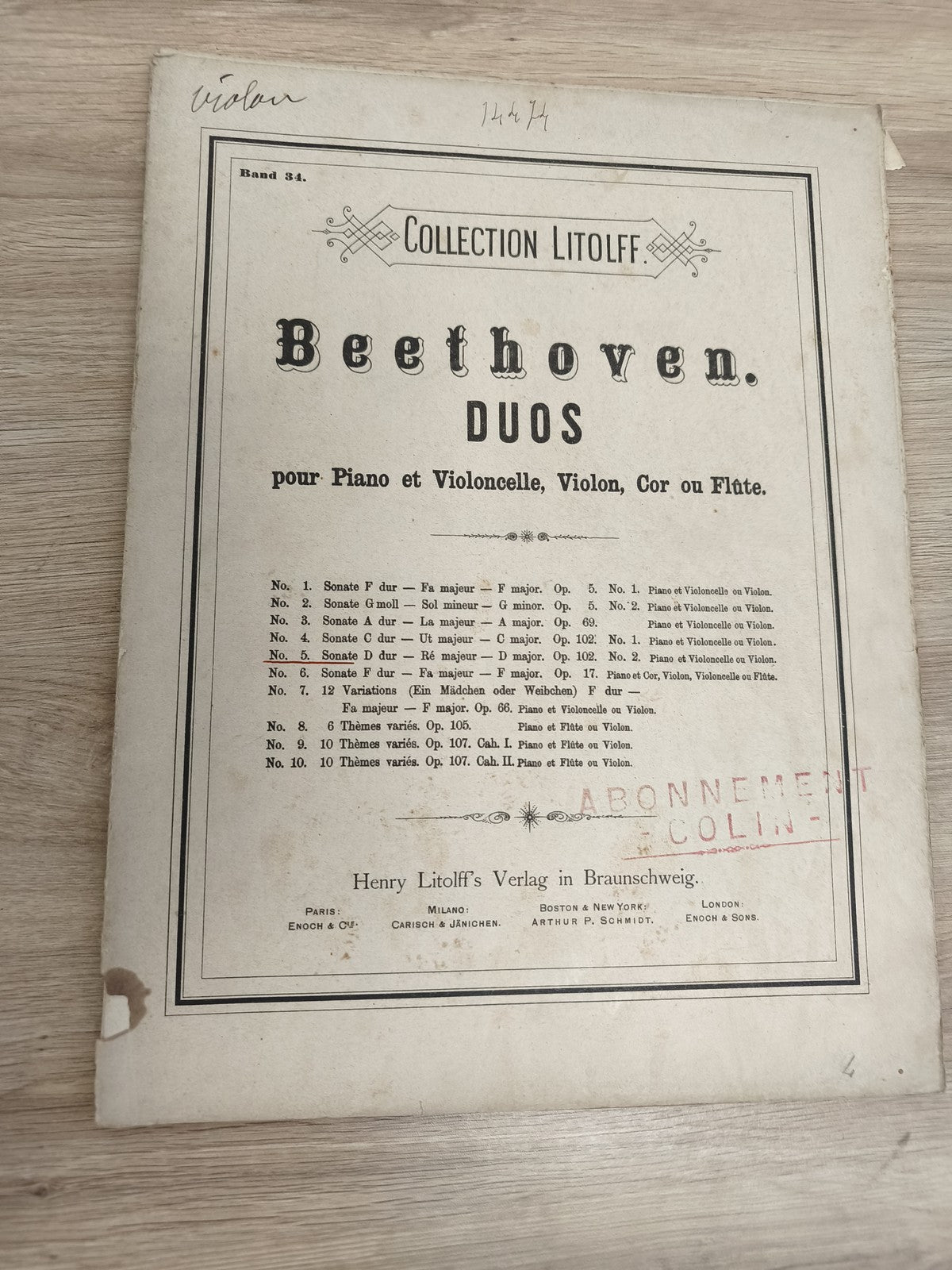 Ancien recueil partitions Beethoven violon piano Collection Litolff duo