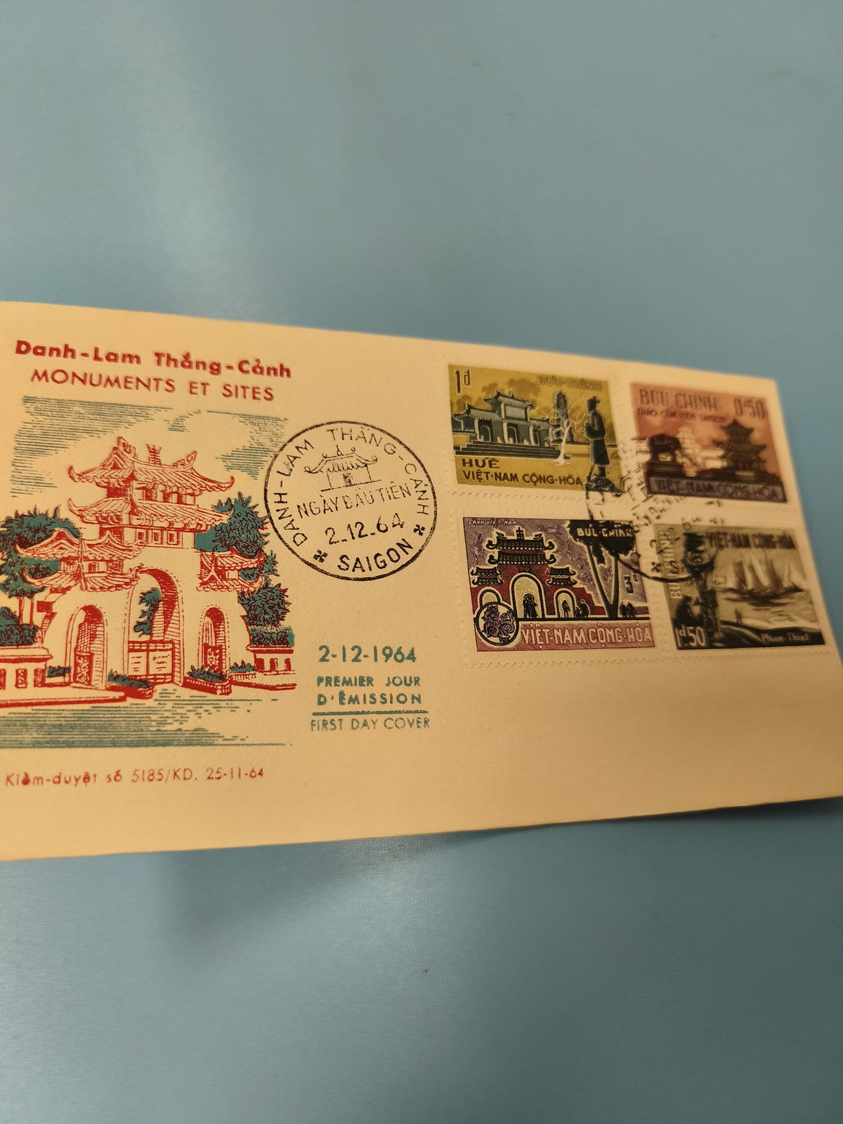 Ancienne enveloppe FDC Vietnam 1964 Monuments et Sites, timbres oblitérés