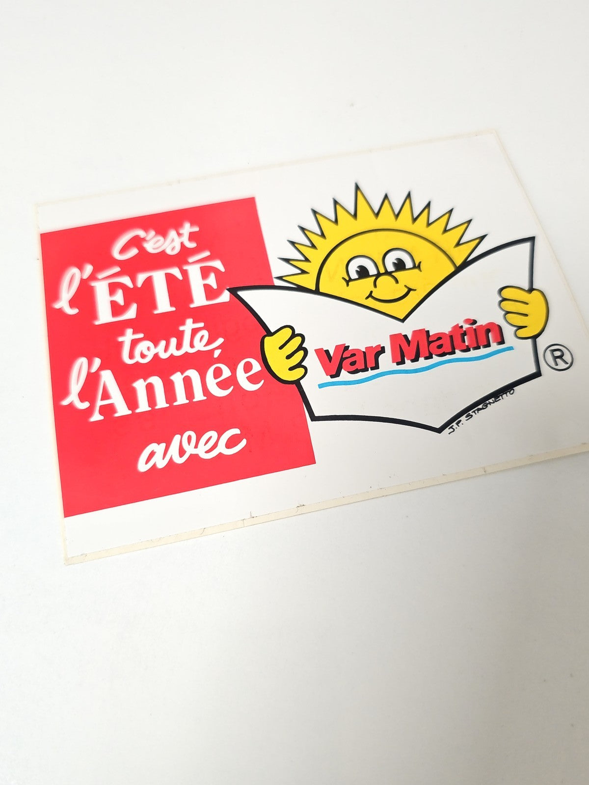 Ancien autocollant publicitaire rétro Var Matin grand format, collection presse