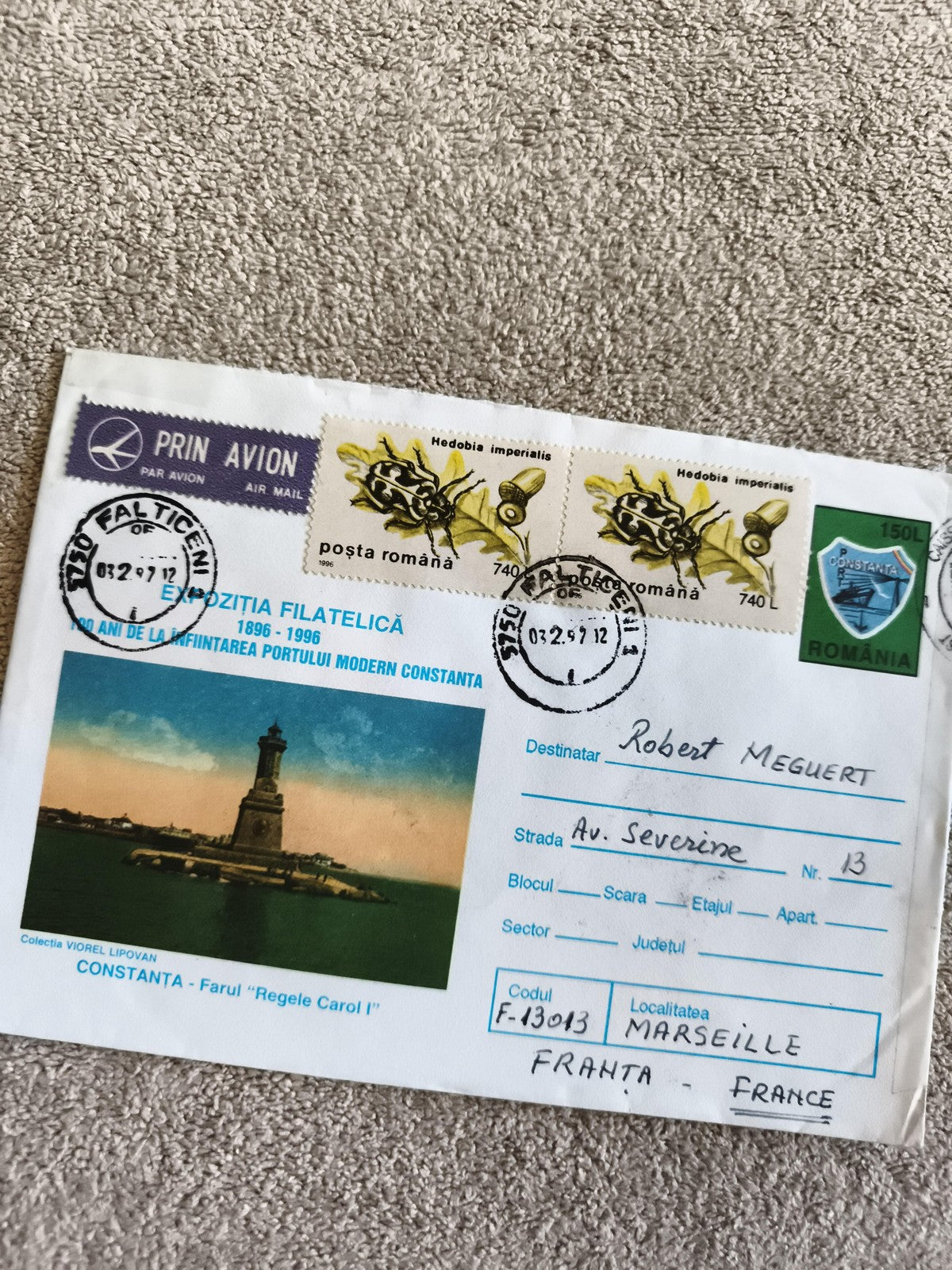 Lettre philatélique Roumanie 1996, timbres Hedobia, Constanta, avion