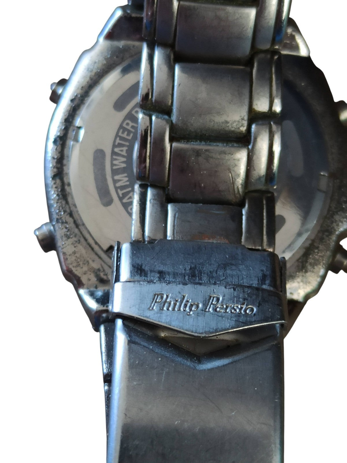 Montre homme Philip Persio vintage, bracelet métal, chronographe, non testée
