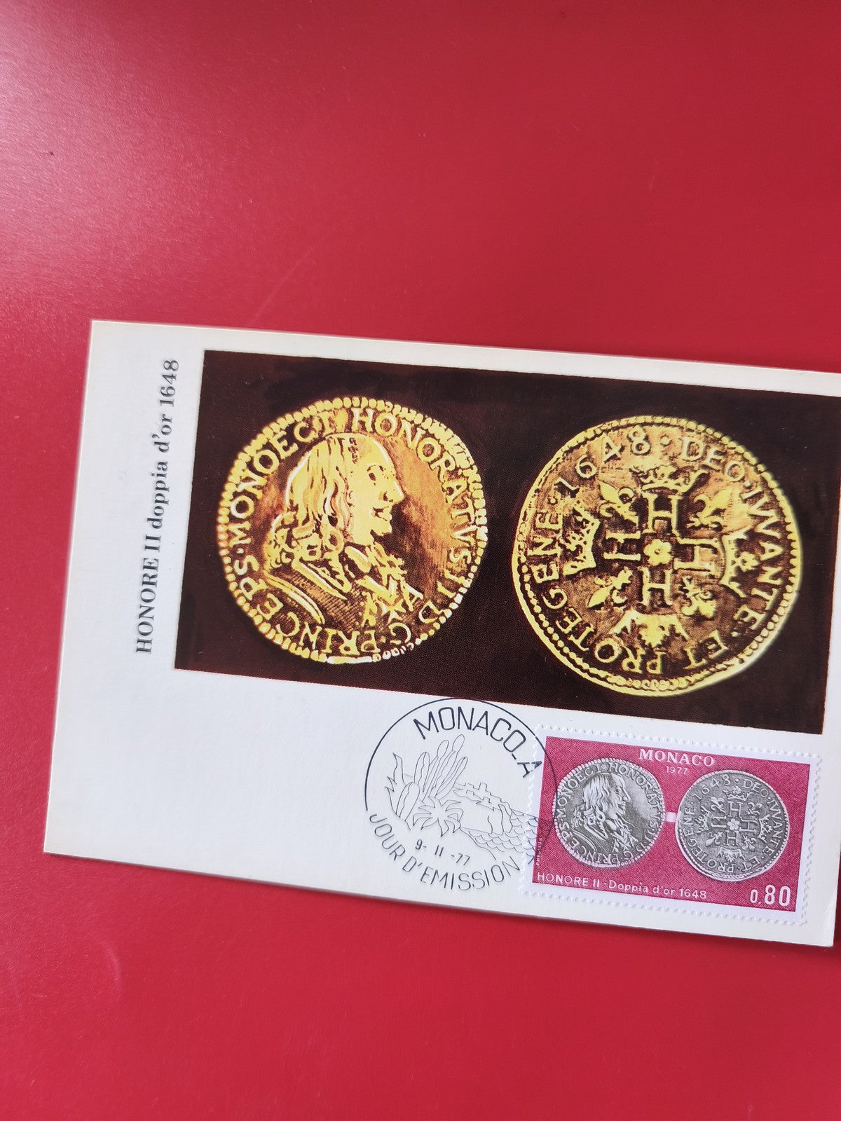 Carte postale philatélie Monaco timbre 1972 Honore II pièce d?or 1648 oblitérée