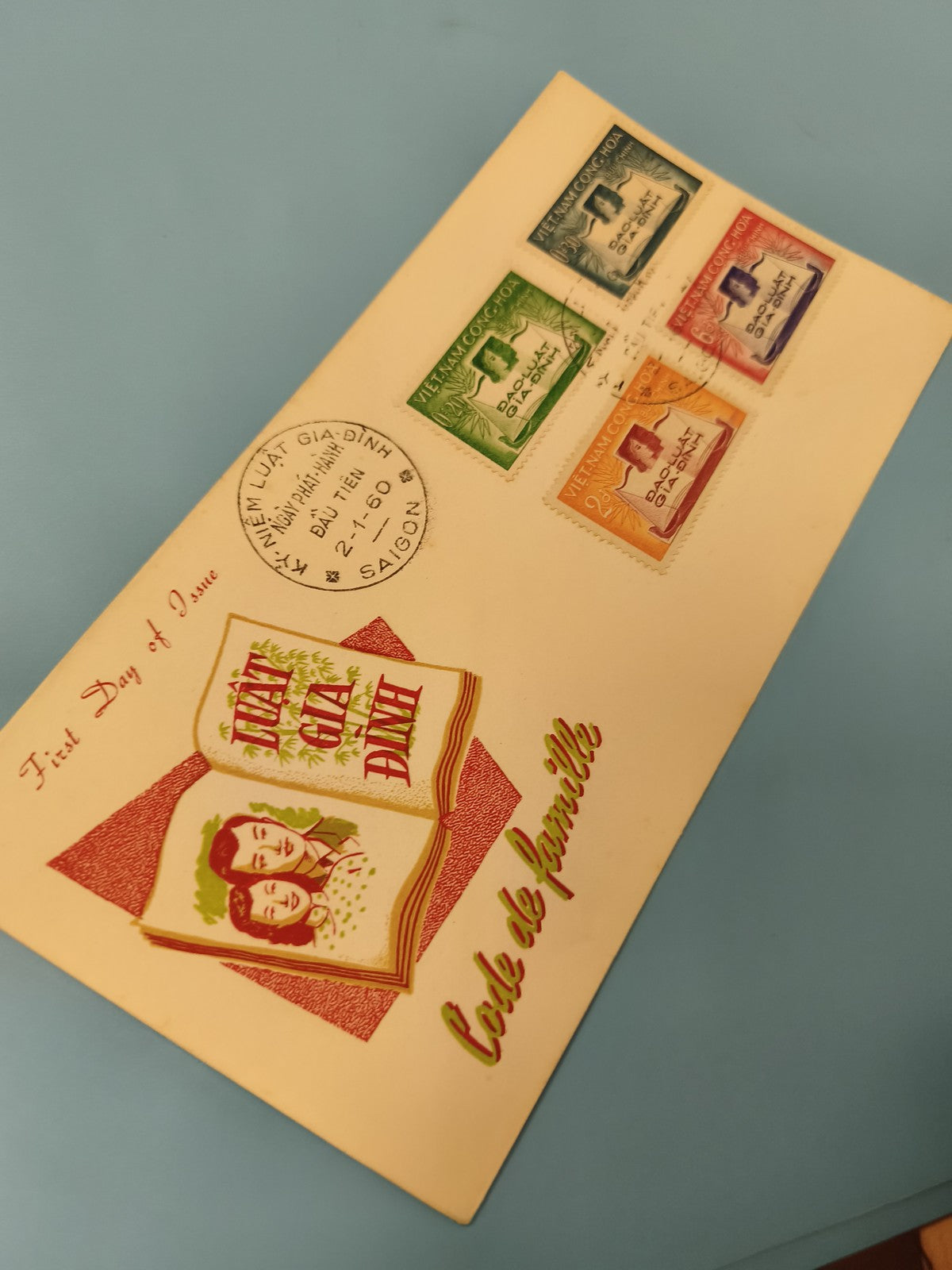 Ancienne enveloppe FDC Vietnam 1959 timbres colorés, carte de famille illustrée