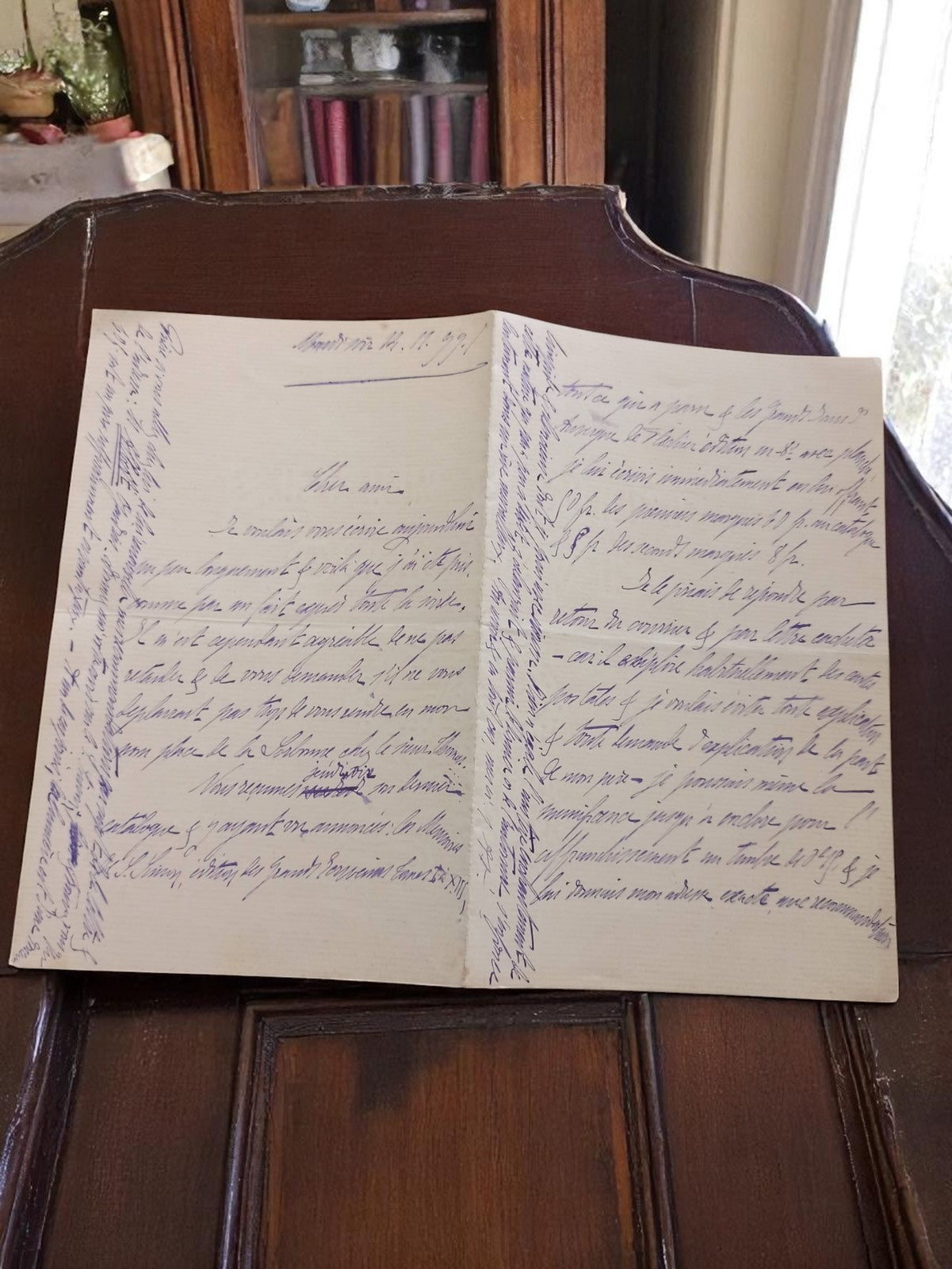 Lettre manuscrite ancienne encre violette début XXe, écriture cursive vintage