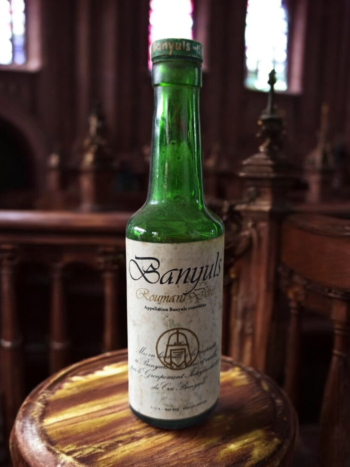 Mignonnette Banyuls Roumani Doré vintage, bouteille verte ancienne, rare