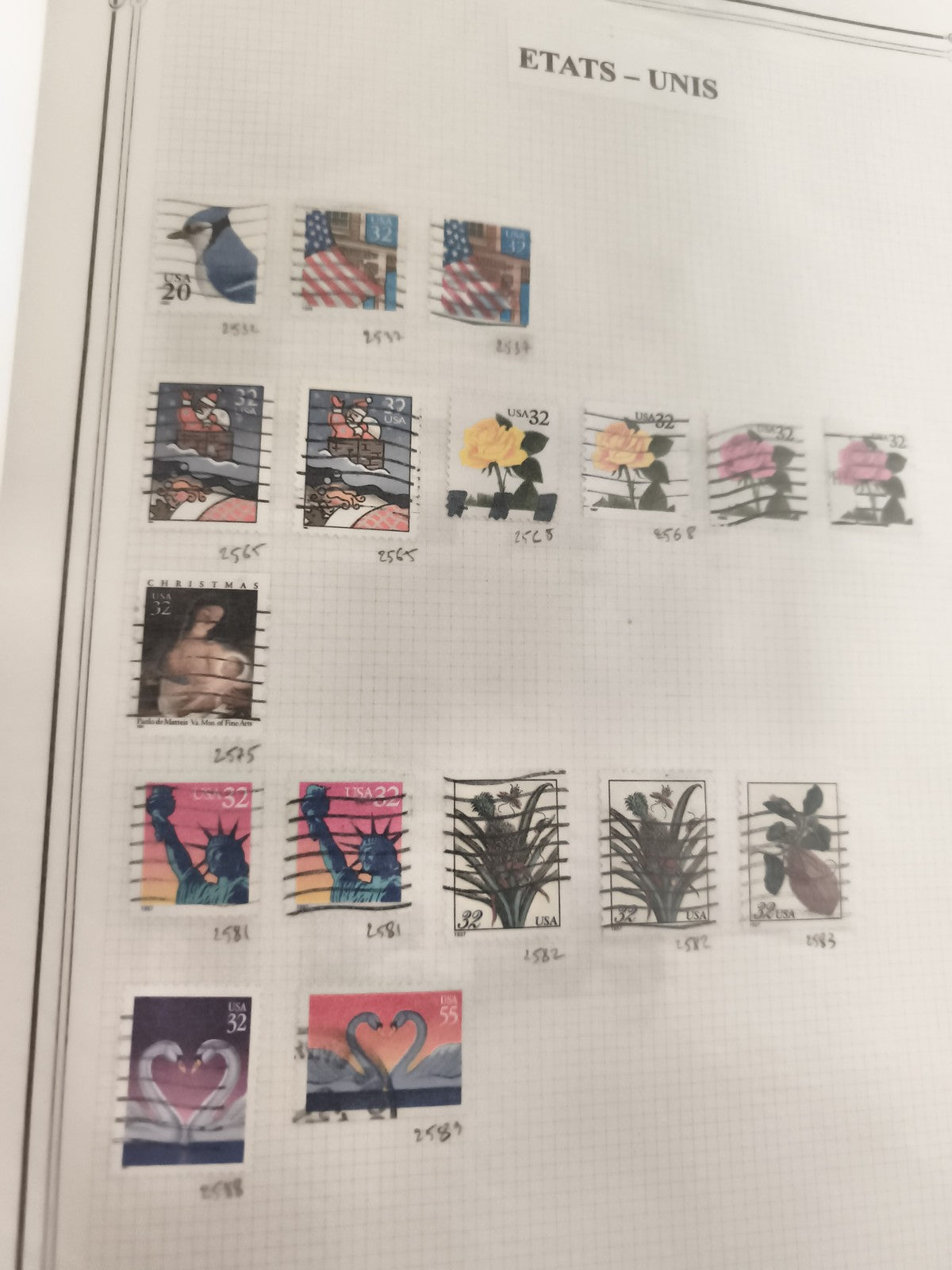 Lot anciens timbres oblitérés USA fleurs oiseaux Statue of Liberty vintage phila