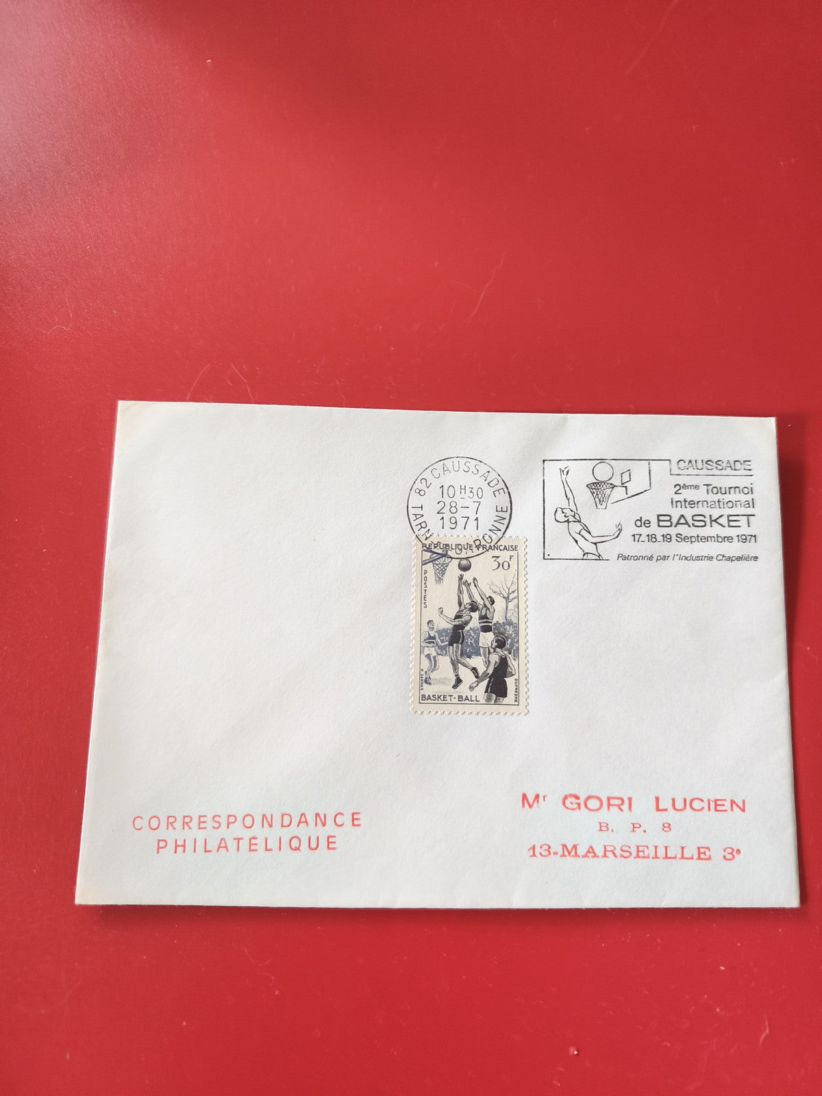 Enveloppe philatélie basket Caussade 1971 oblitérée timbre sport rouge blanc
