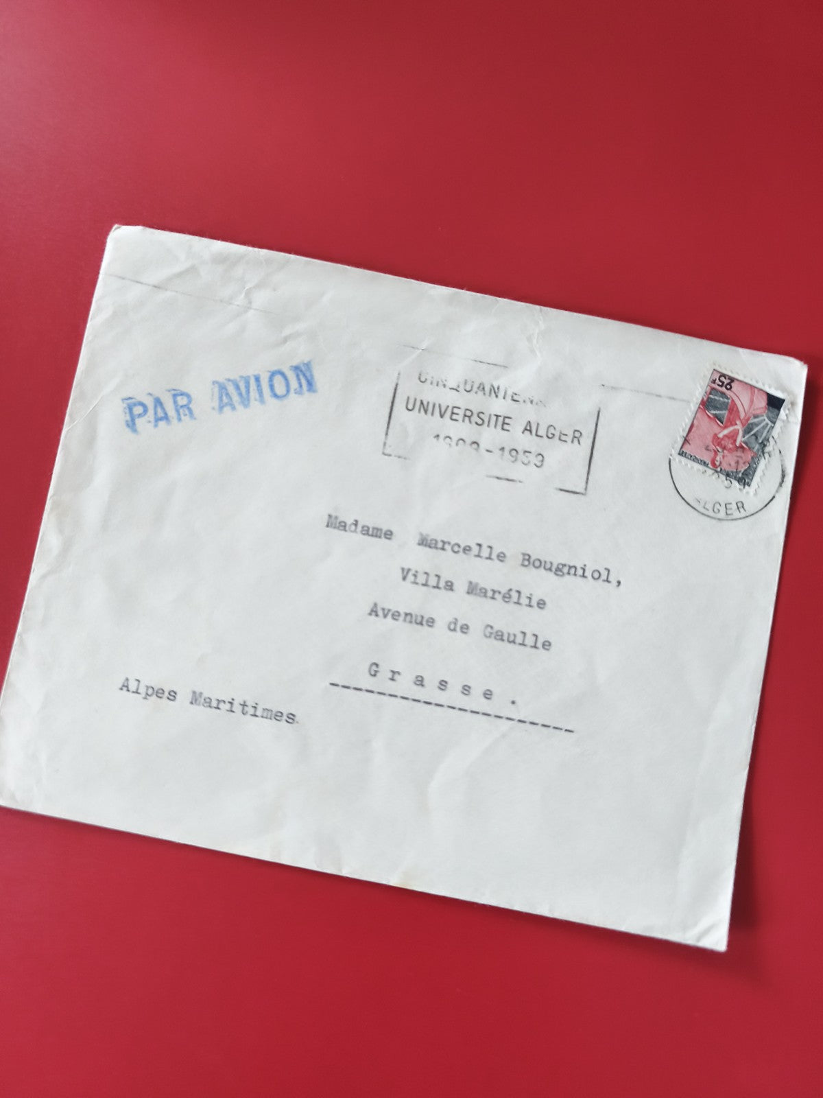 Enveloppe philatélie affranchie timbre Algérie Par Avion cachet Université Alger