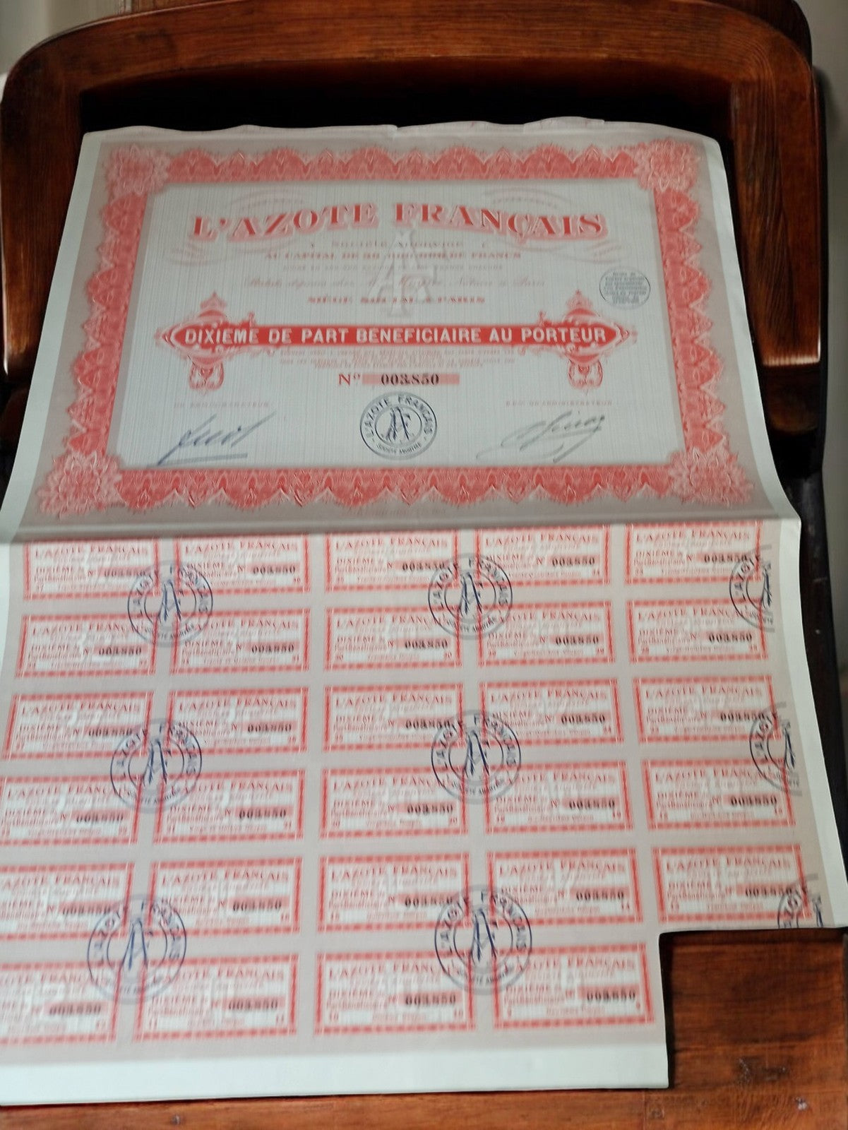Action L'Azote Français ancien titre porteur années 1920 vintage papier déco