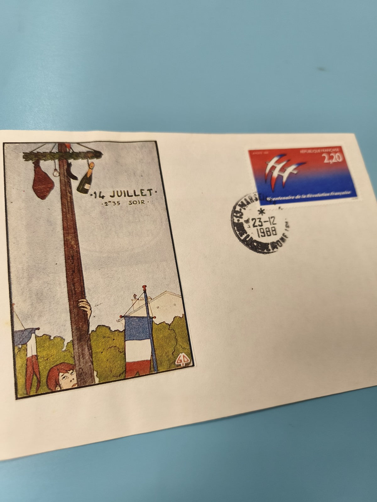 Enveloppe FDC timbre 2,20 République Française 14 juillet, illustration drapeau