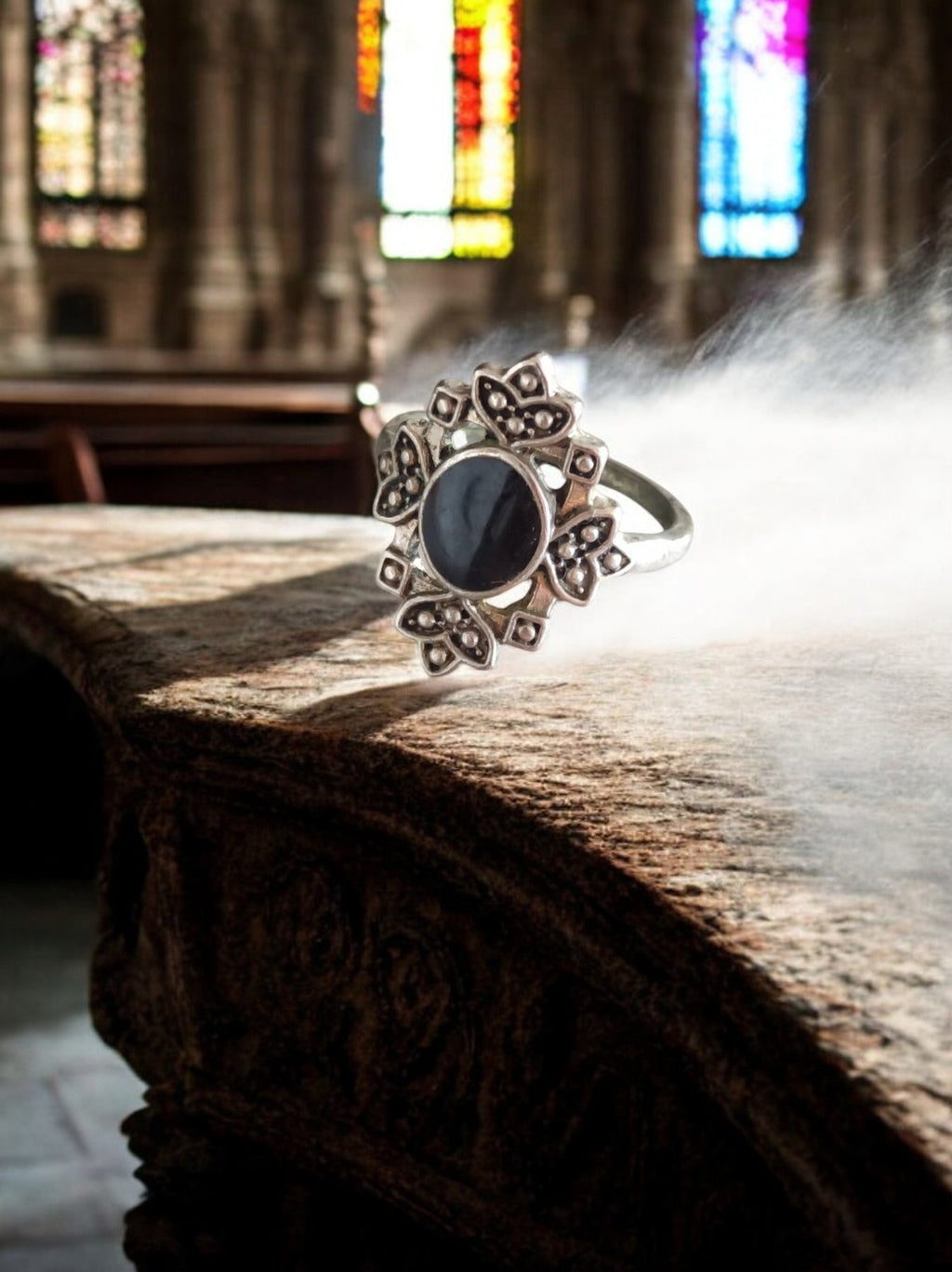 Bague vintage créateur fantaisie fleur noire argentée taille 54 rétro