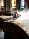 Bague vintage créateur fantaisie fleur noire argentée taille 54 rétro