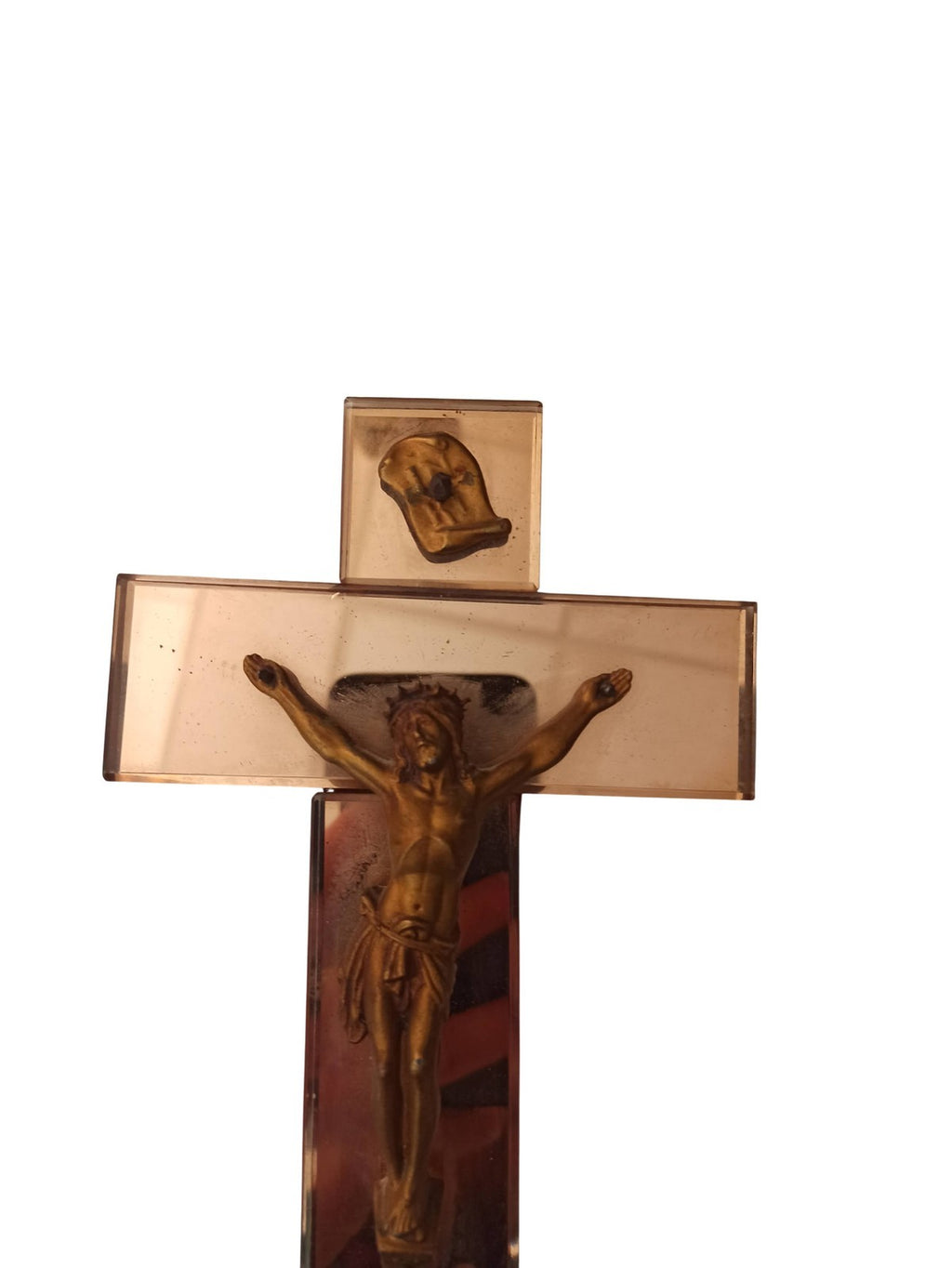 Crucifix ancien miroir, Christ doré, objet religieux vintage rétro déco
