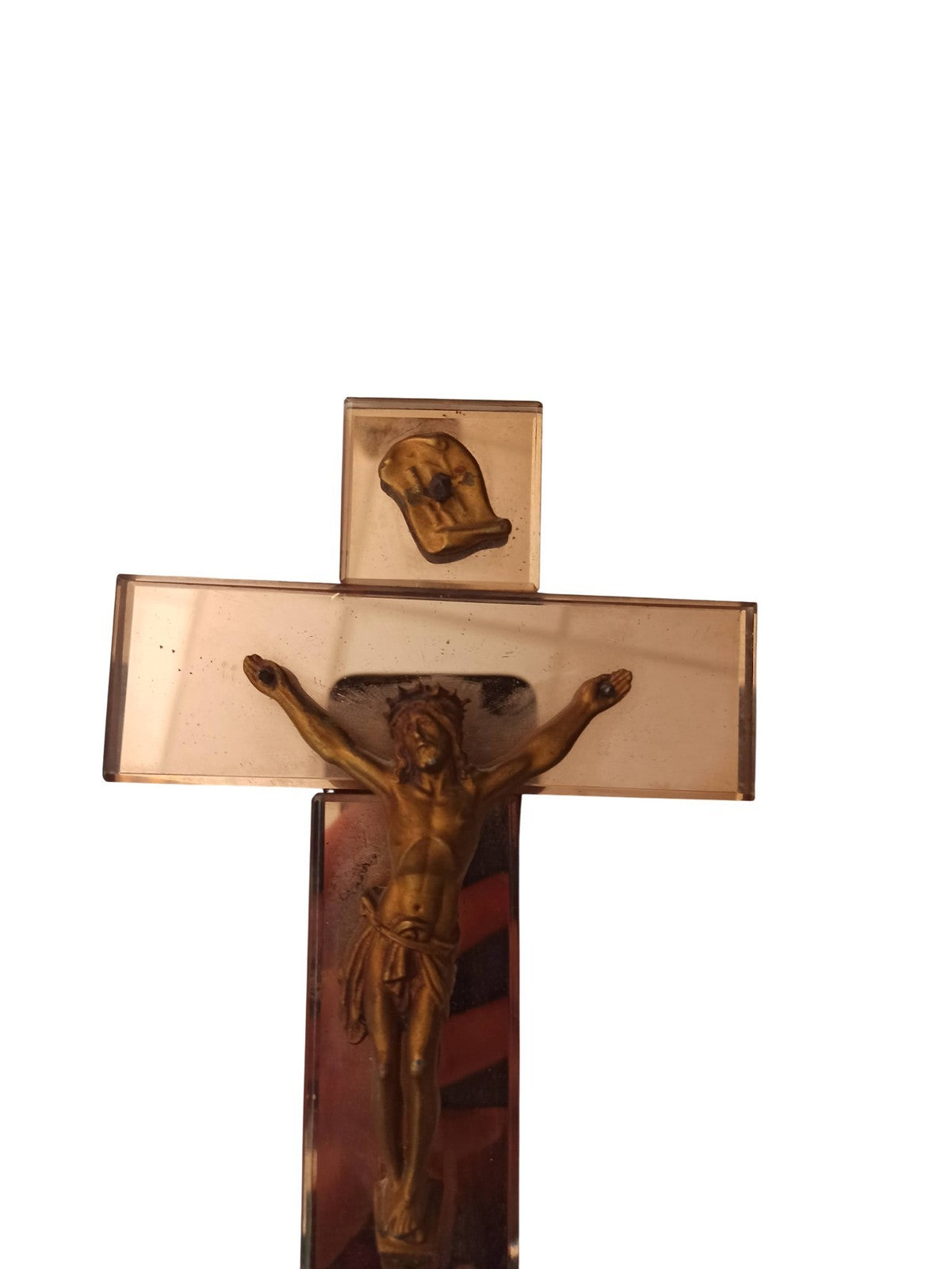 Crucifix ancien miroir, Christ doré, objet religieux vintage rétro déco