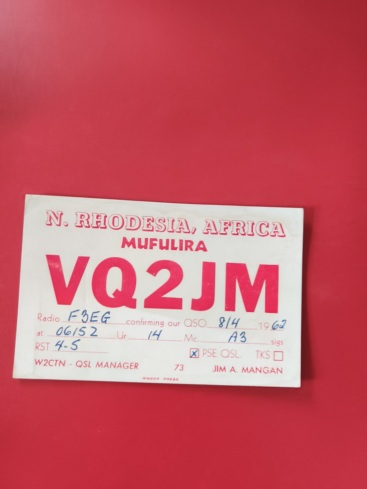 Carte radio QSL VQ2JM Mufulira N. Rhodesia Africa avec inscriptions manuscrites