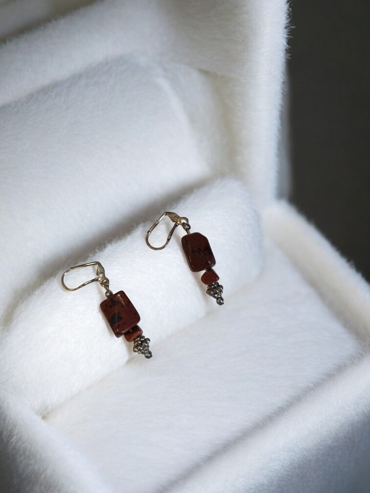 Paire boucles d?oreilles vintage pierres naturelles brunes, bijou ancien origina