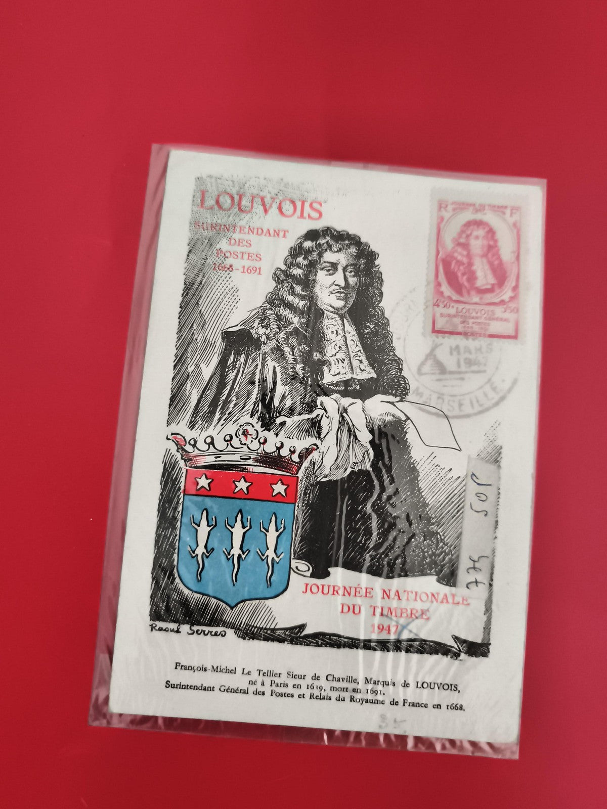 Carte premier jour Louvois 1947 blason illustrée Journée du Timbre philatélie