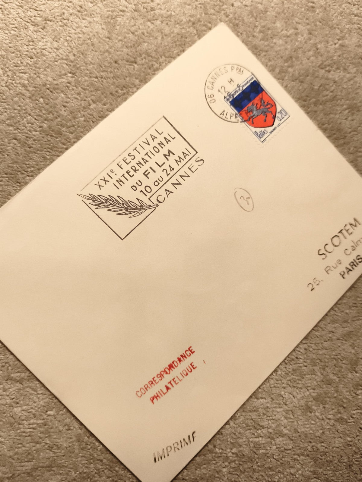 Lettre philatélique Festival Cannes 1968 oblitérée, film, timbre Alpes (Ref 11)