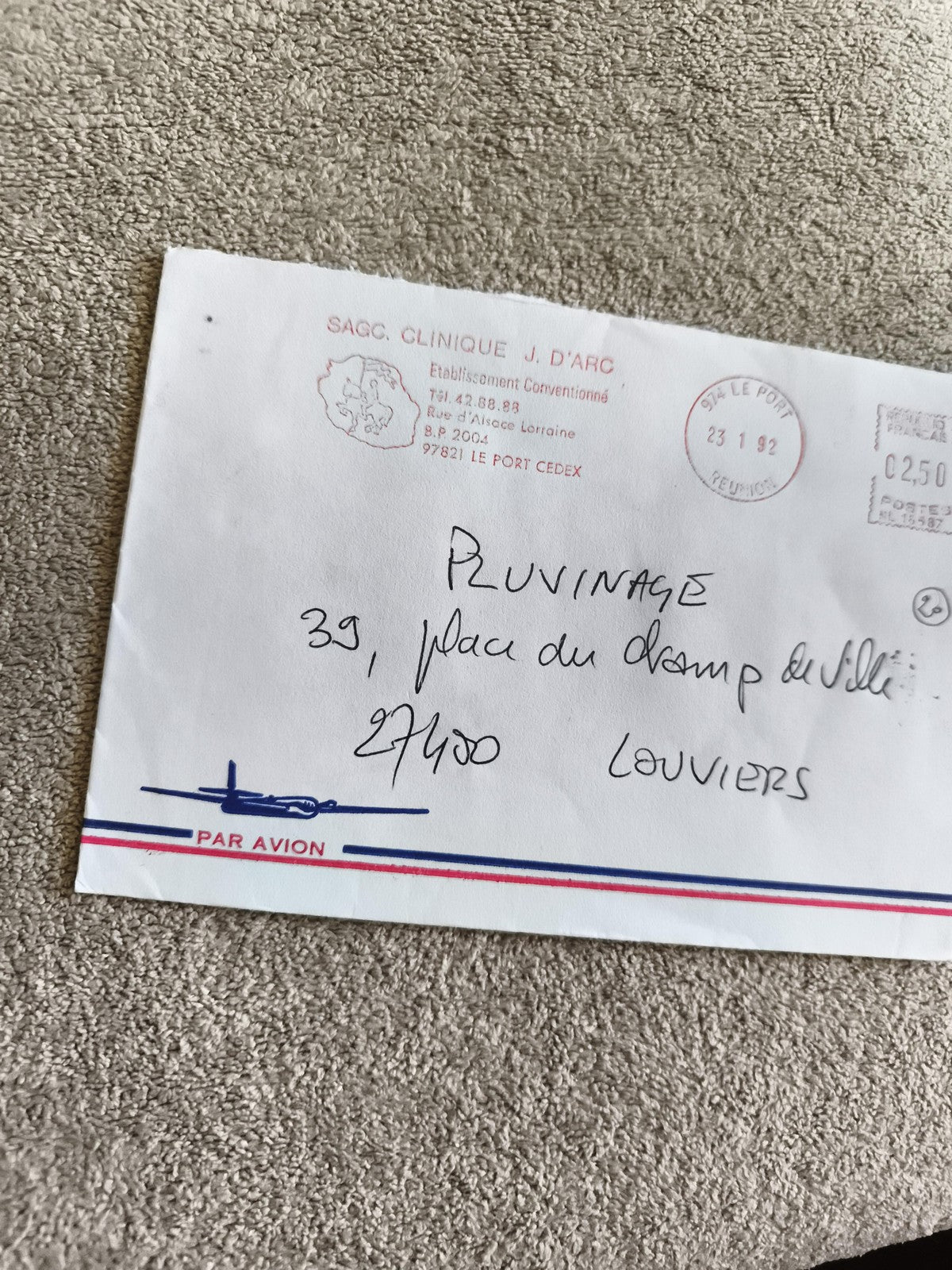 Lettre aérienne Sagg Clinique J. d’Arc Réunion 1992 oblitération philatélie