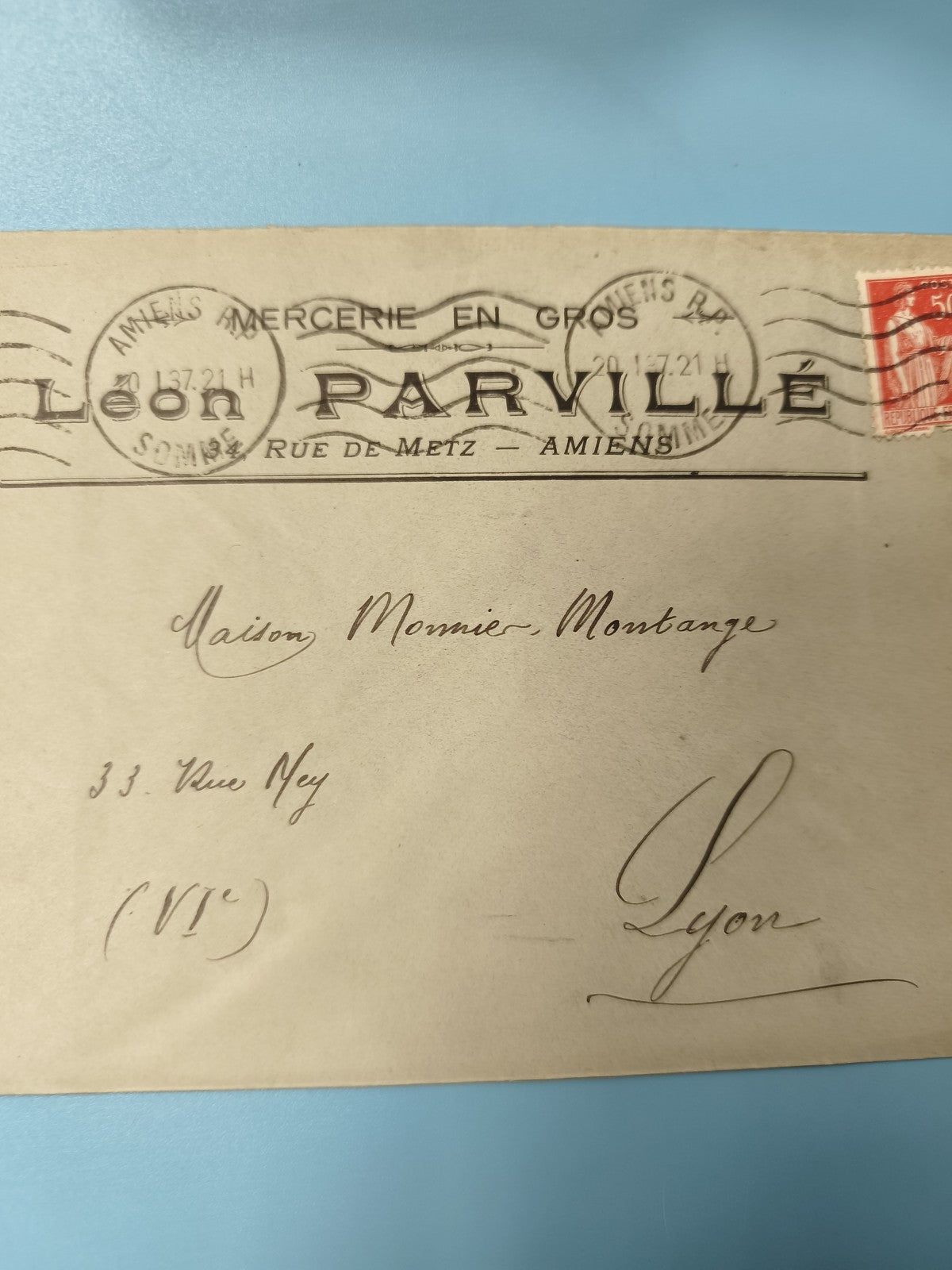 Ancienne enveloppe oblitérée 1921 Léon Parvillé Amiens Lyon philatélie vintage